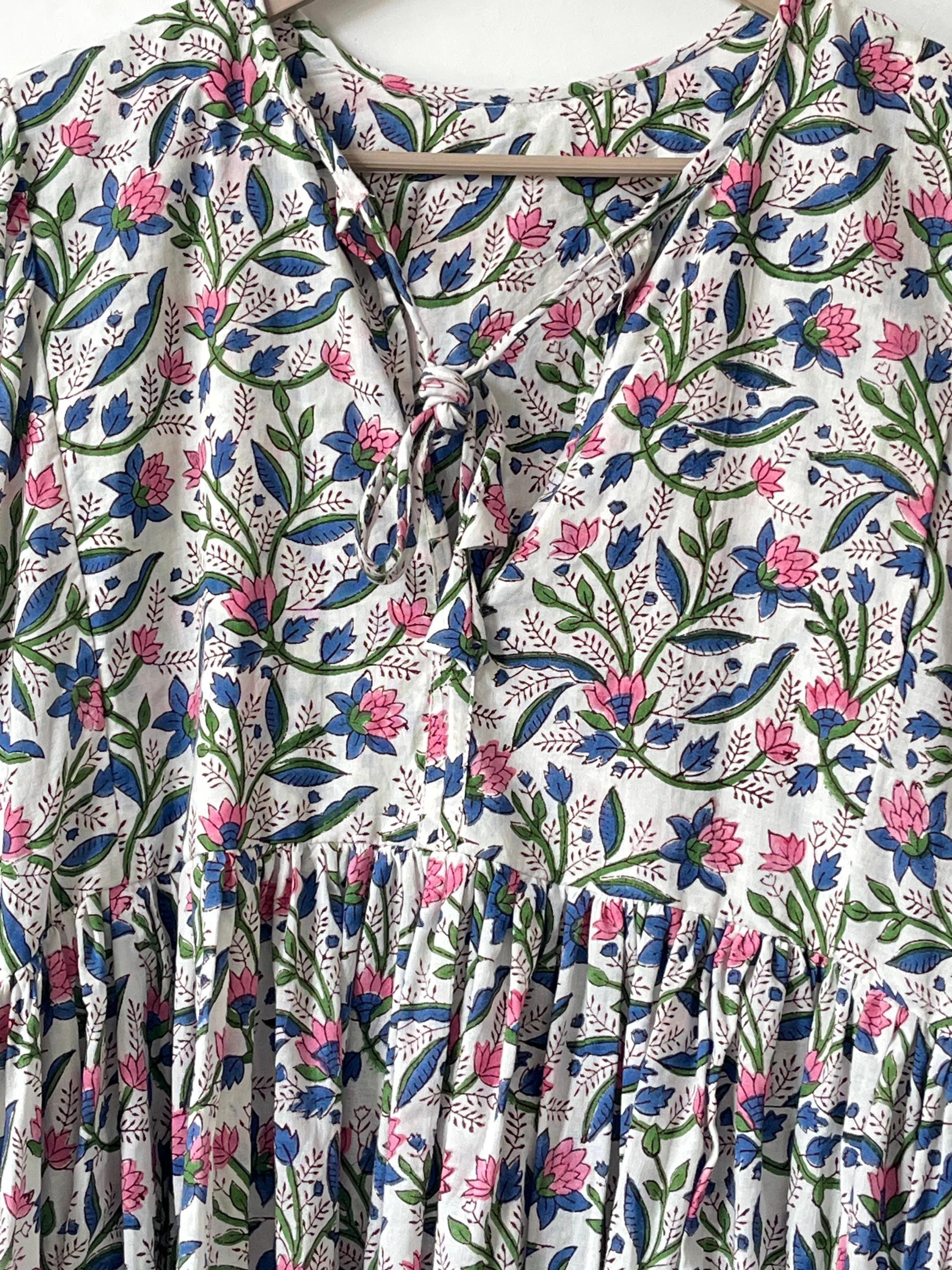 Floral Block Print Cotton Midi Dress: Soft Summer Dress