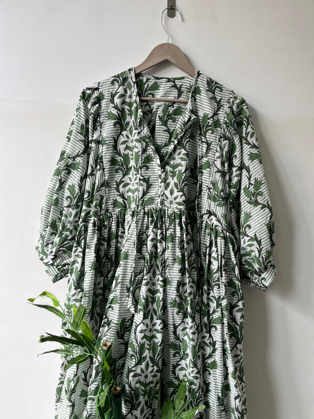 Floral Hand Block Print Cotton Midi Dress - Deep Neck Summer Dress