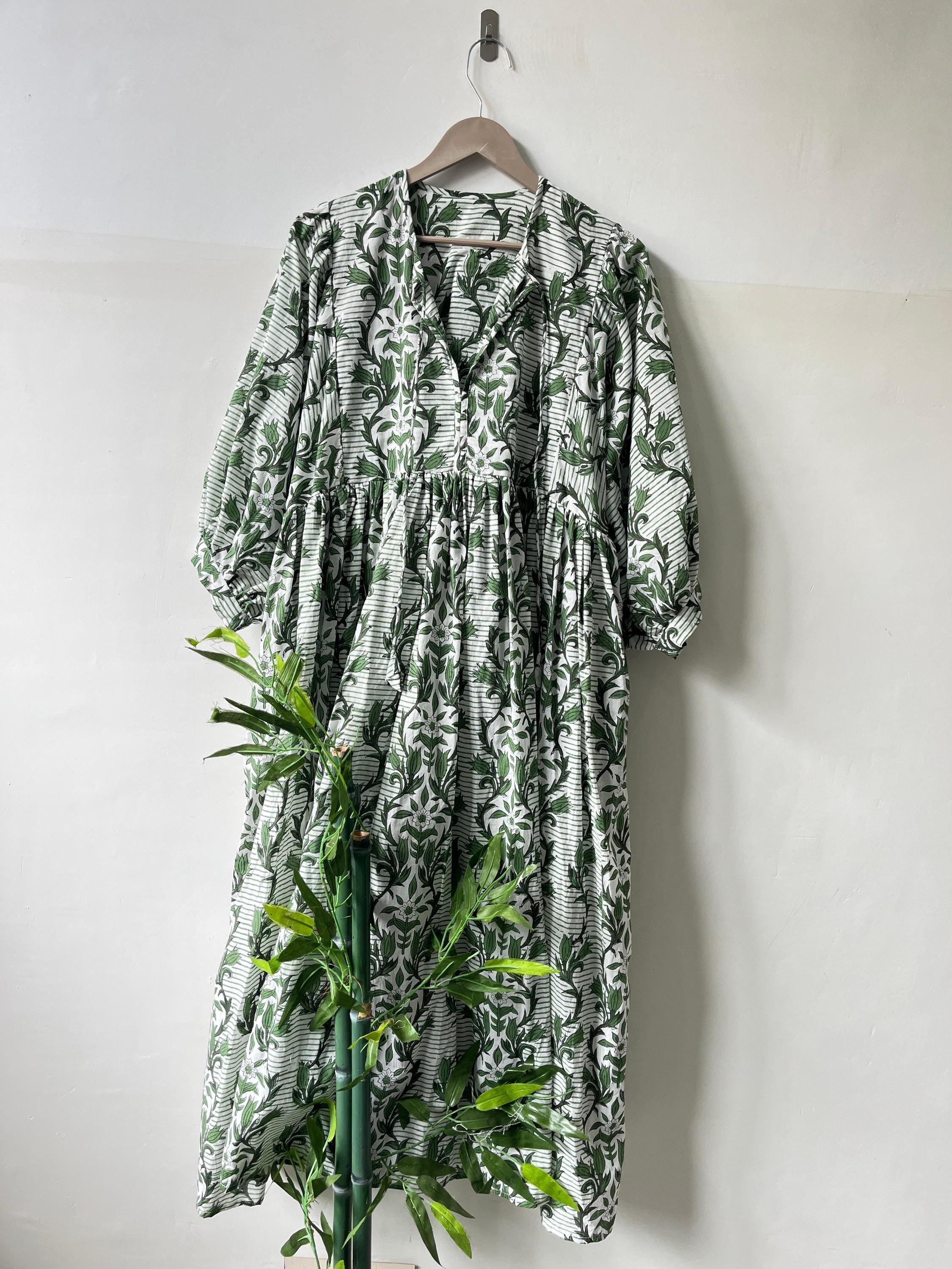 Floral Hand Block Print Cotton Midi Dress - Deep Neck Summer Dress