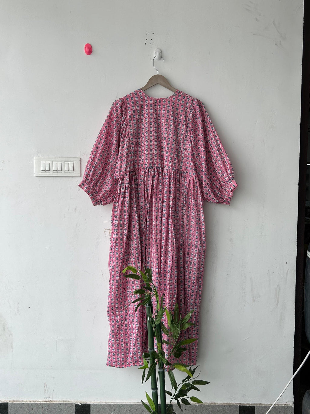 Floral Hand Block Print Cotton Midi Dress - Deep Neck Summer Dress