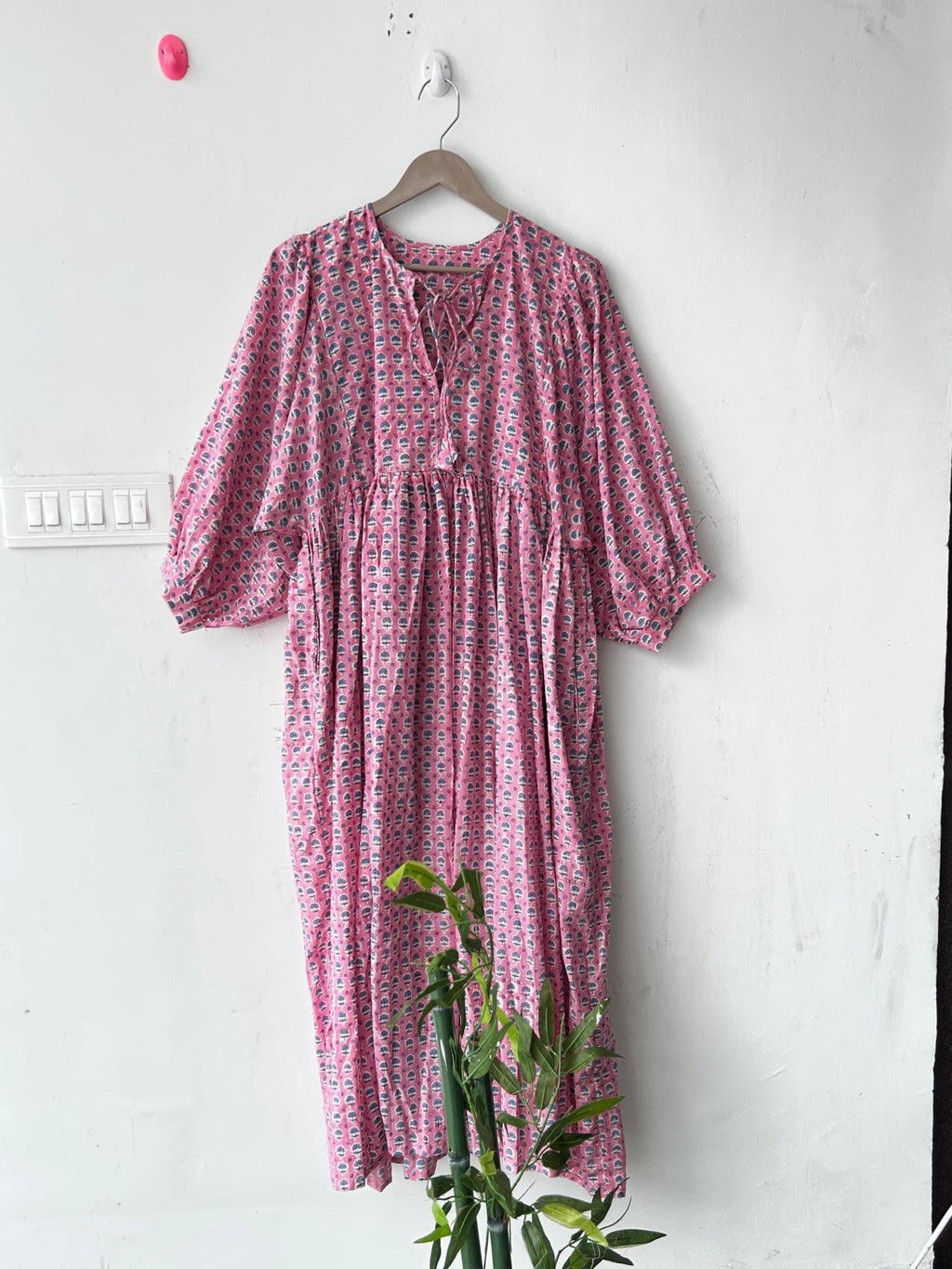 Floral Hand Block Print Cotton Midi Dress - Deep Neck Summer Dress