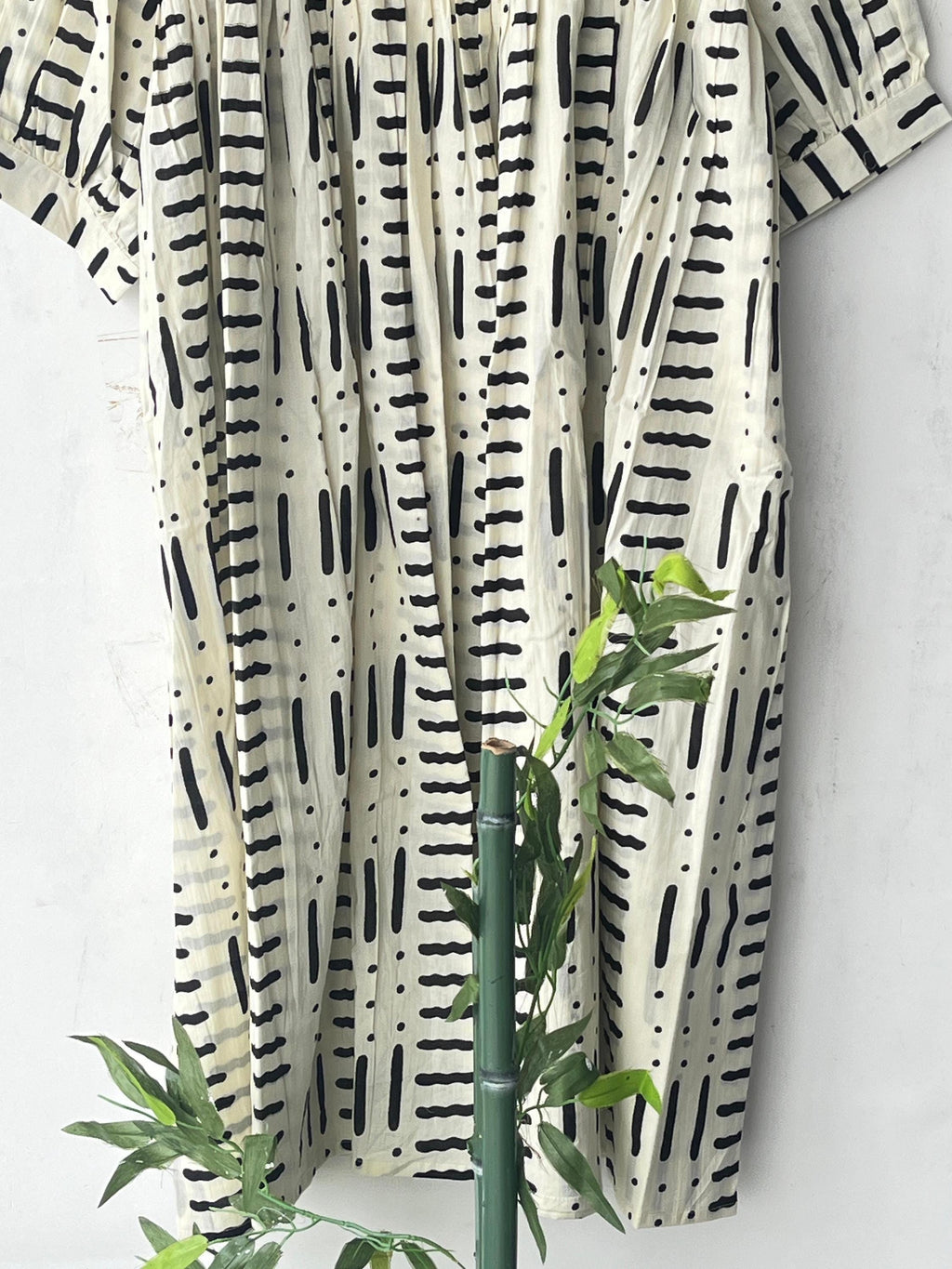 Hand Block Print Cotton Midi Dress: Deep Neck Summer Dress