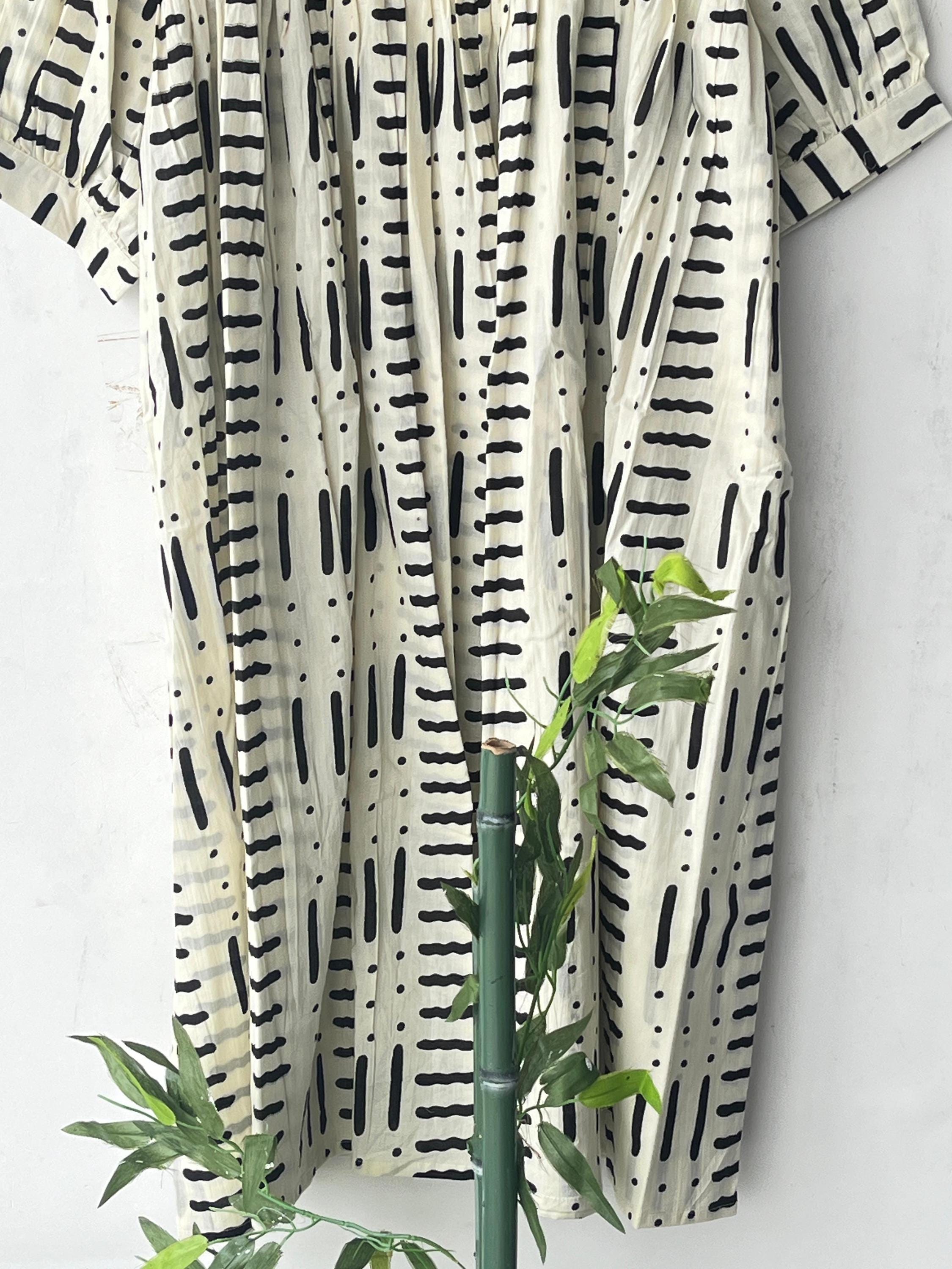 Hand Block Print Cotton Midi Dress: Deep Neck Summer Dress