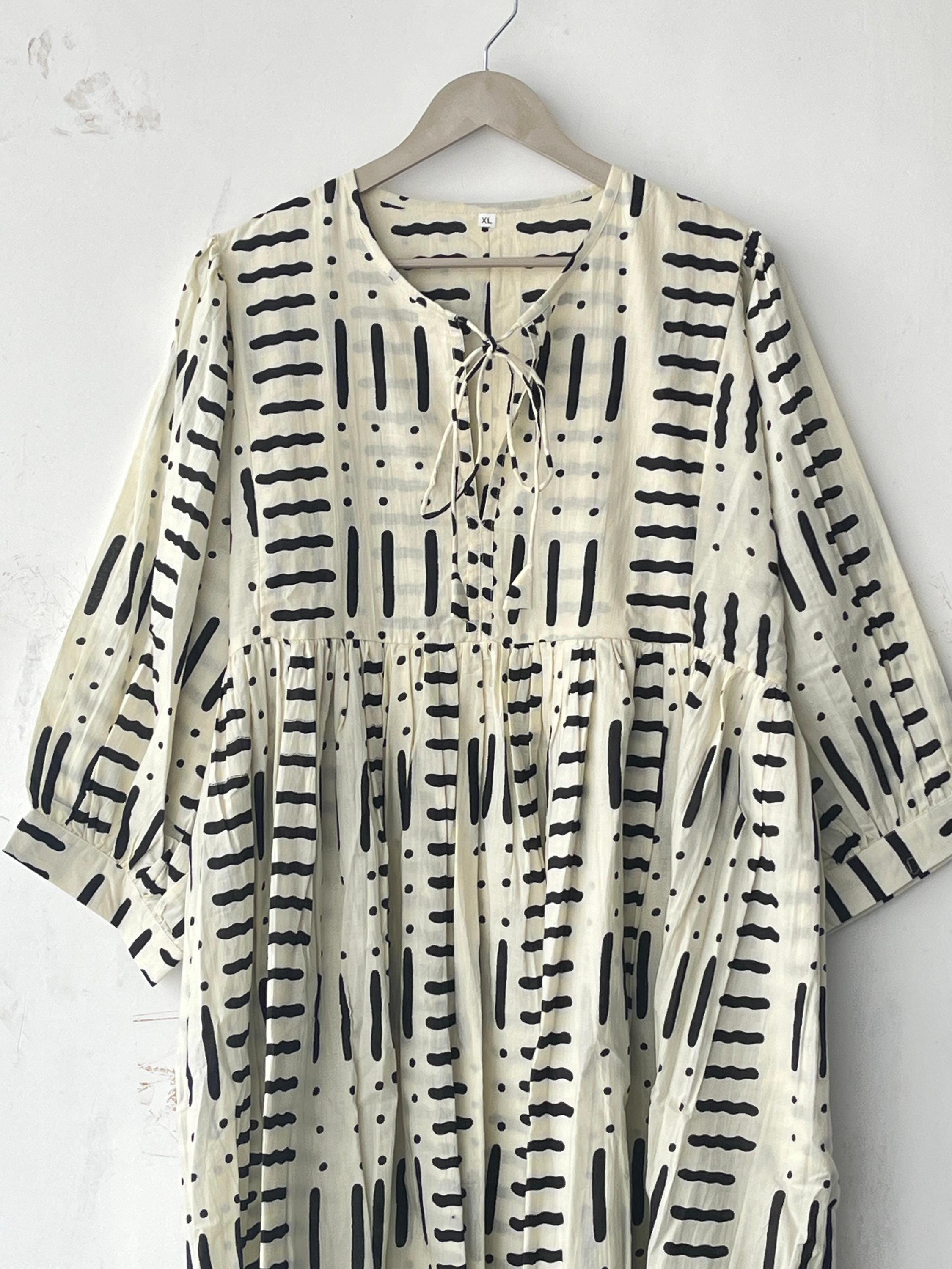 Hand Block Print Cotton Midi Dress: Deep Neck Summer Dress