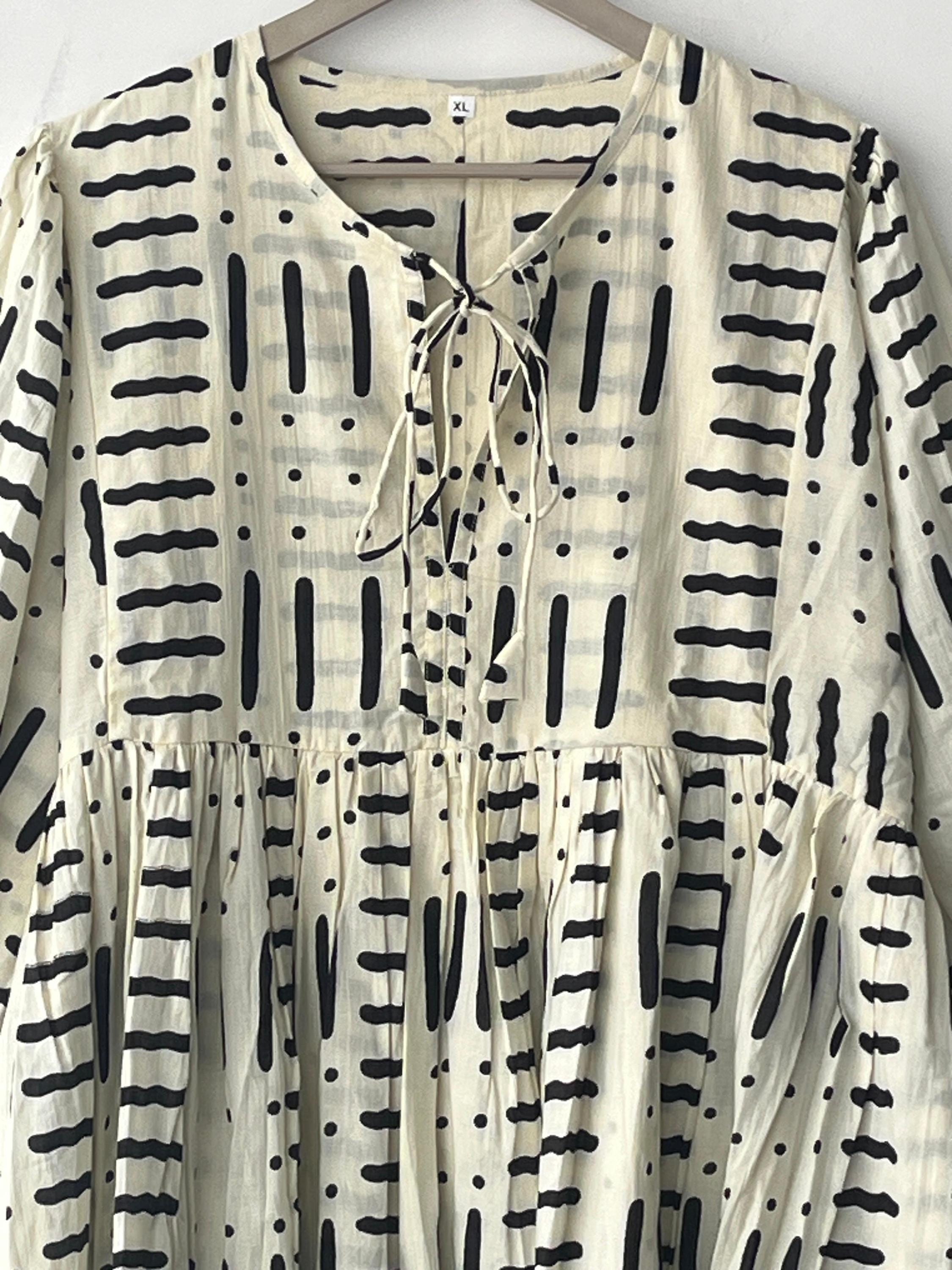 Hand Block Print Cotton Midi Dress: Deep Neck Summer Dress