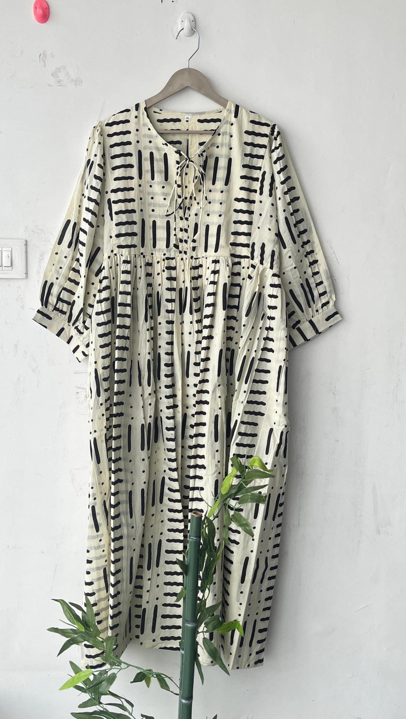 Hand Block Print Cotton Midi Dress: Deep Neck Summer Dress