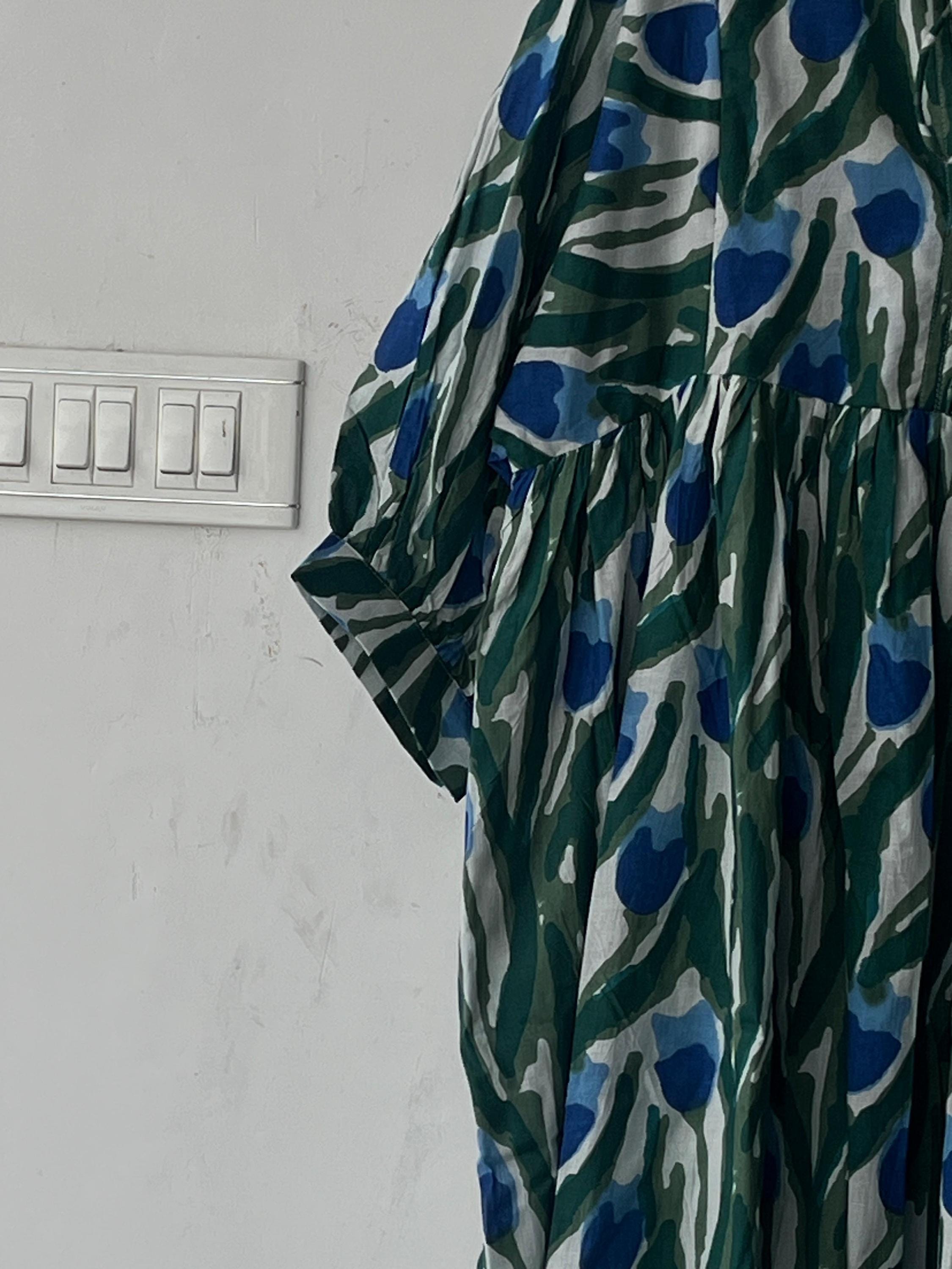 Floral Hand Block Print Cotton Midi Dress - Deep Neck Summer Dress