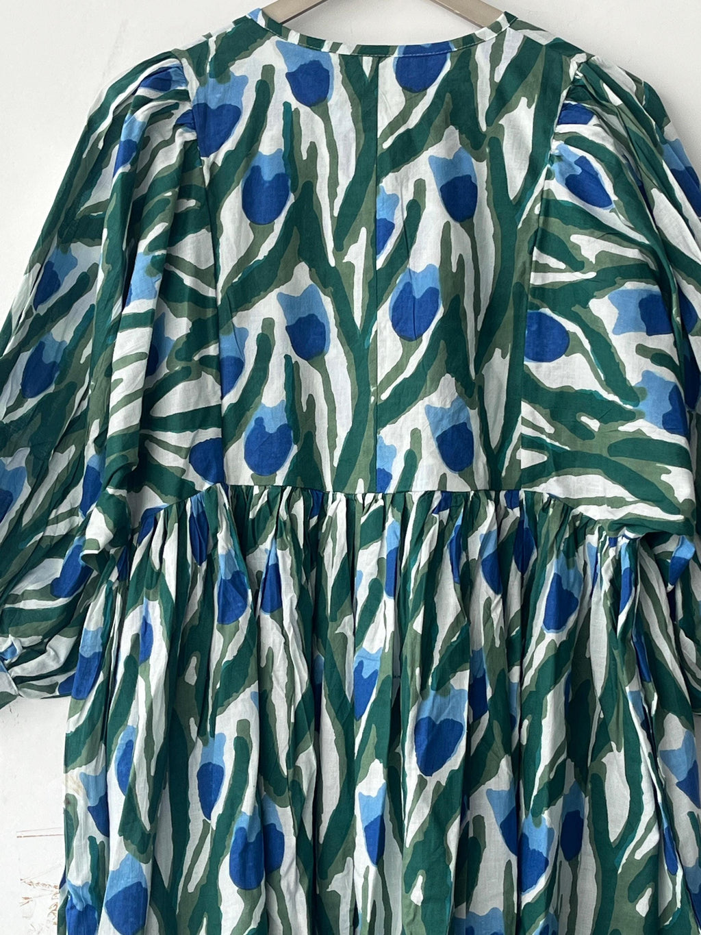 Floral Hand Block Print Cotton Midi Dress - Deep Neck Summer Dress