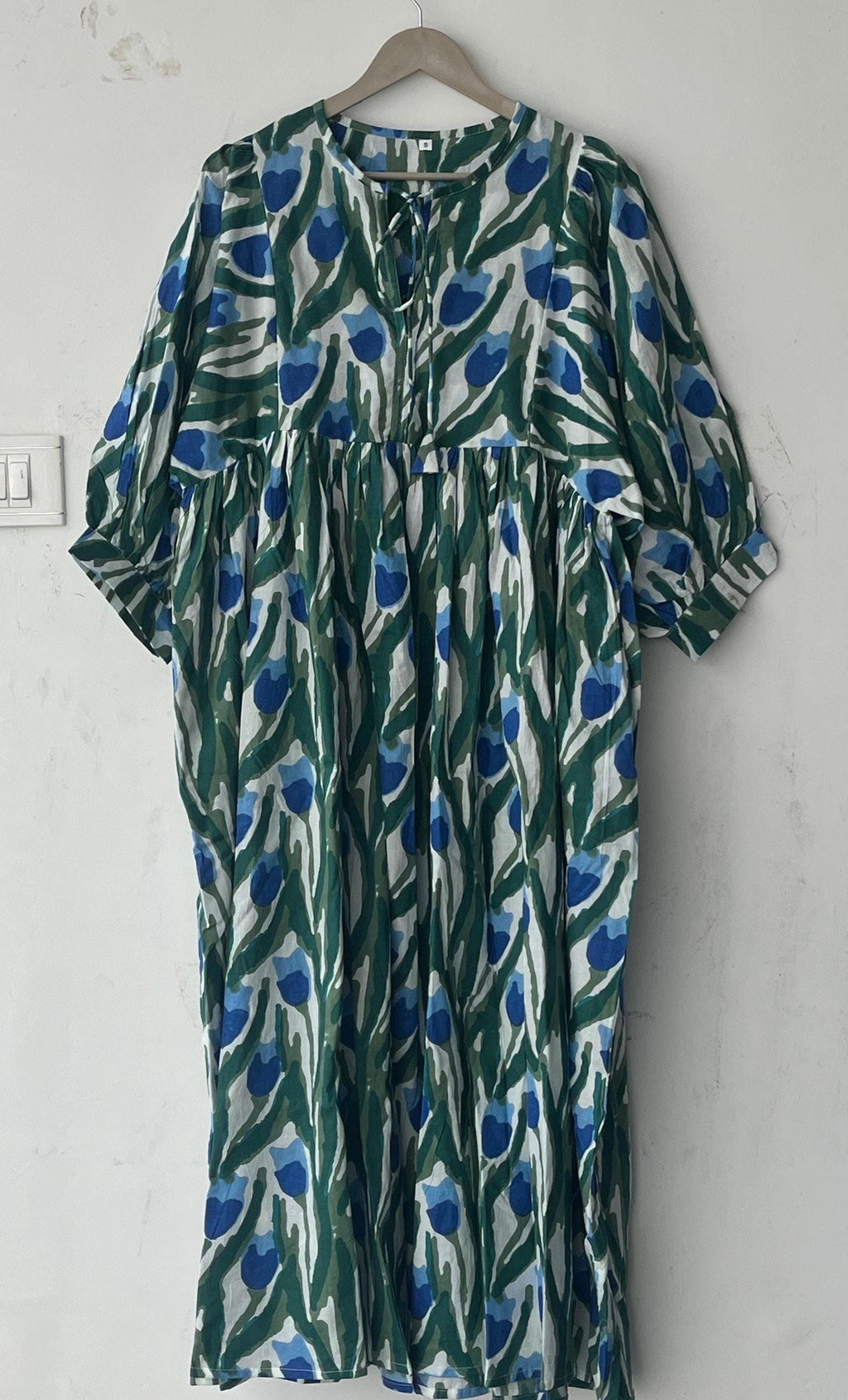 Floral Hand Block Print Cotton Midi Dress - Deep Neck Summer Dress