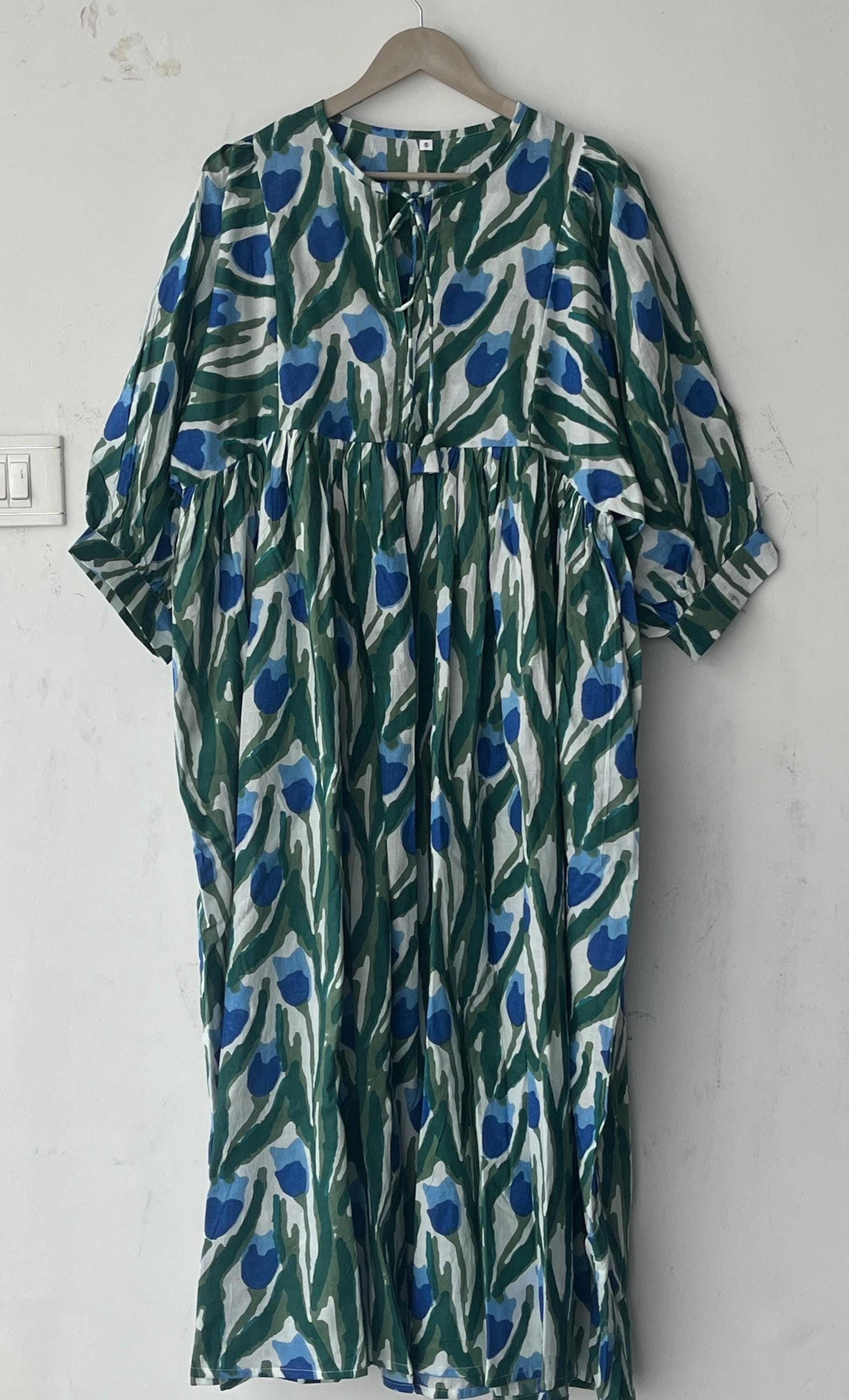 Floral Hand Block Print Cotton Midi Dress - Deep Neck Summer Dress