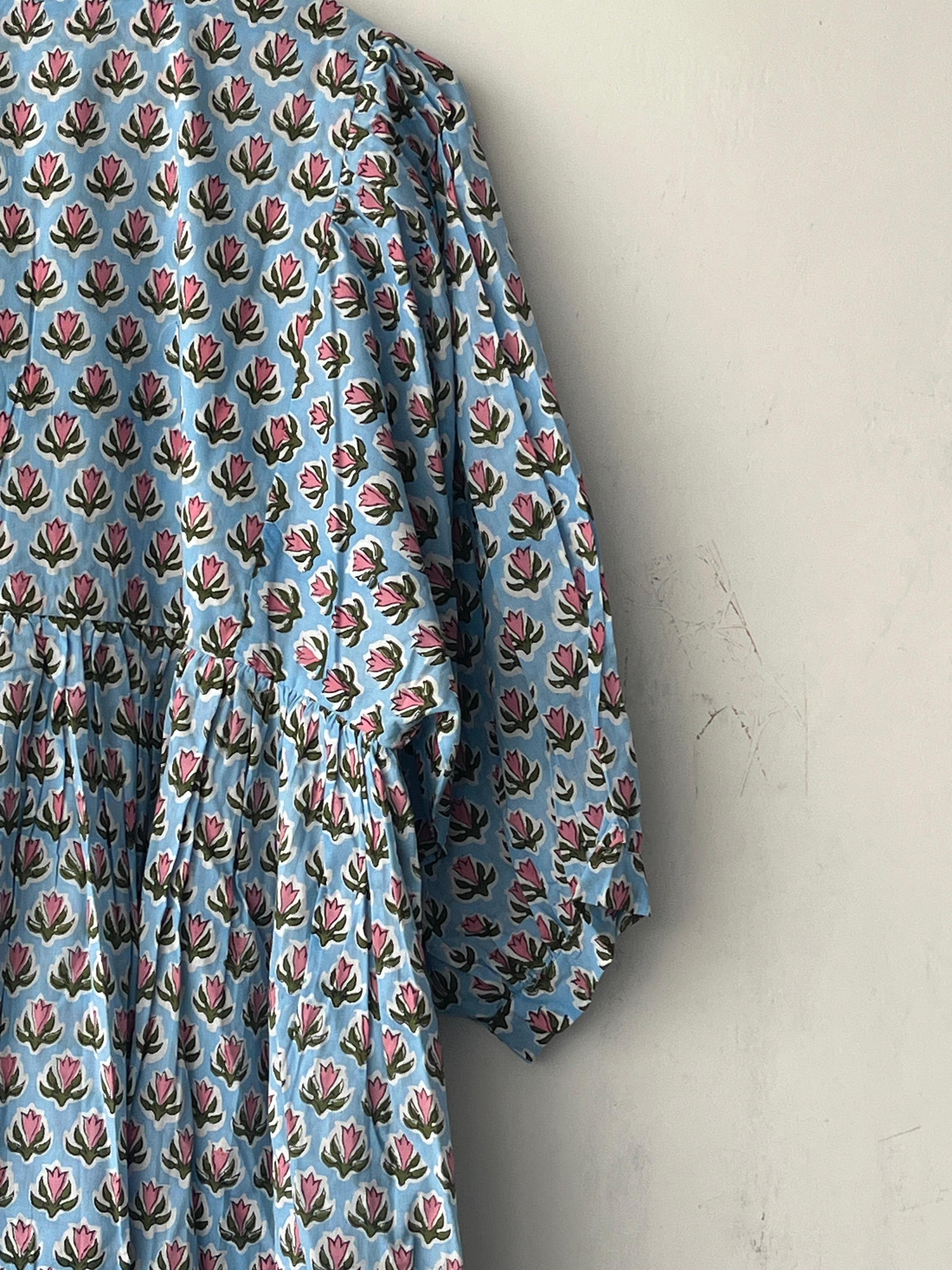 Floral Block Print Cotton Midi Dress: Ethically Handcrafted Summer Dress