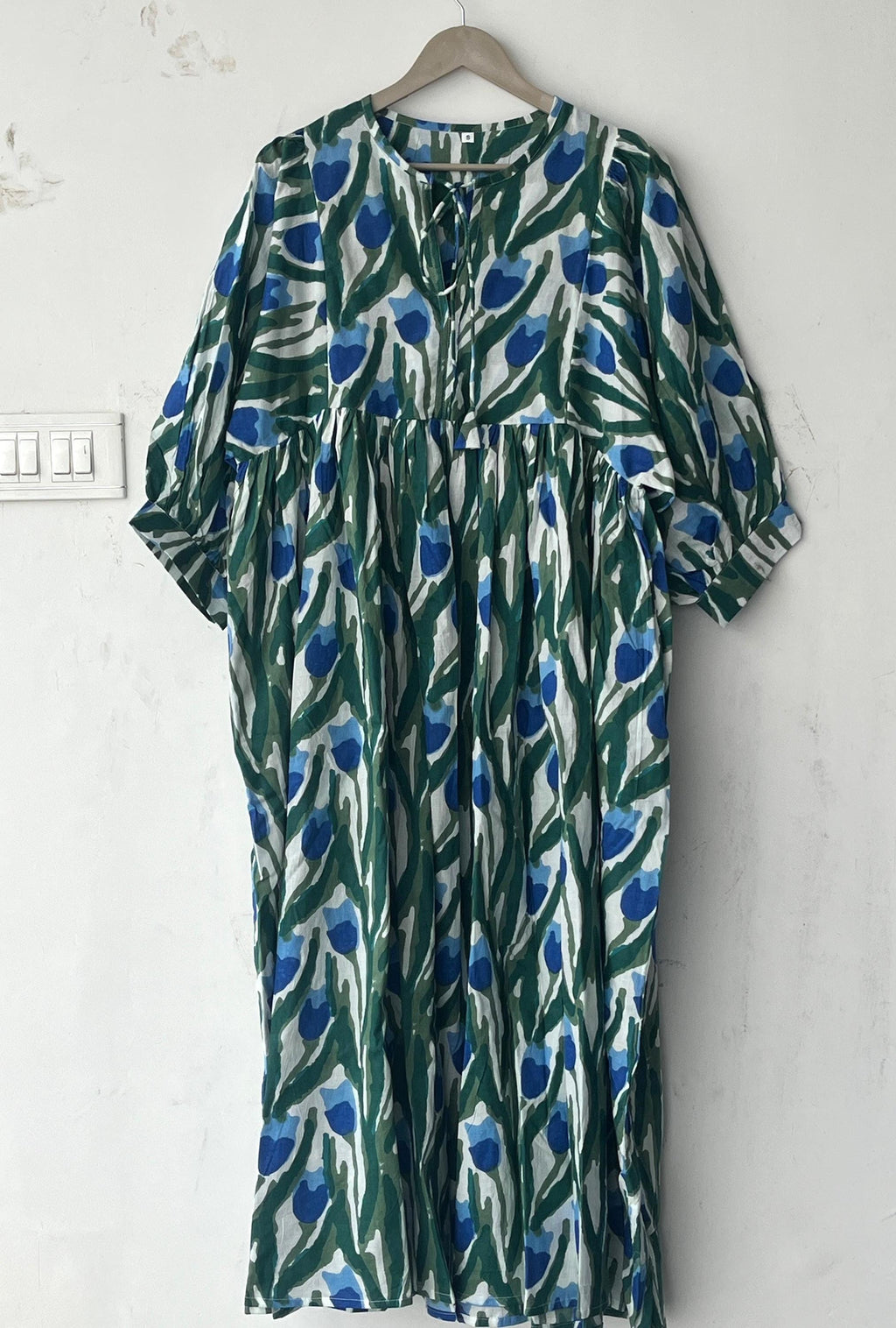 Floral Hand Block Print Cotton Midi Dress - Deep Neck Summer Dress