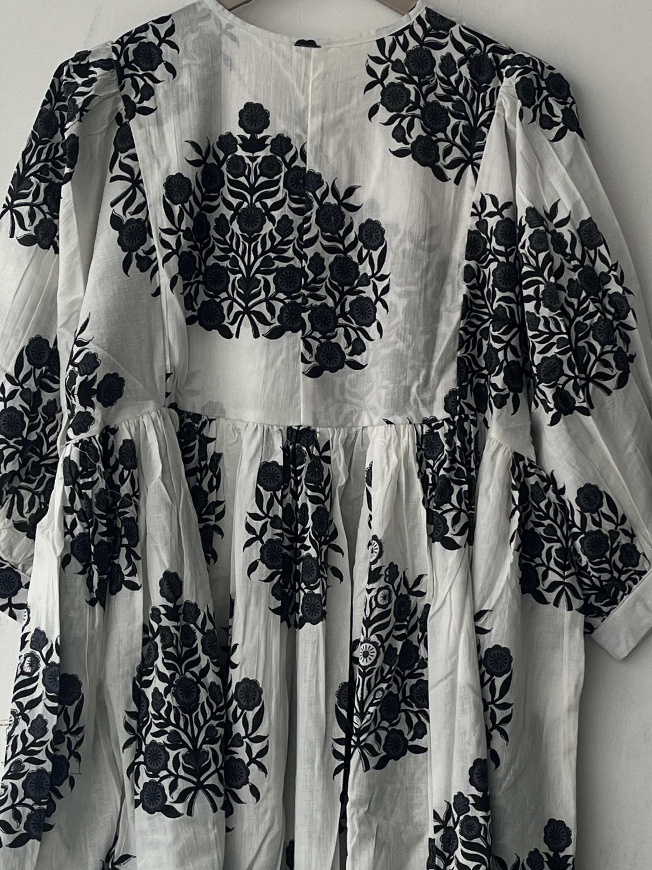 Hand Block Printed Cotton Gauze Dress: Bohemian Tunic Gown