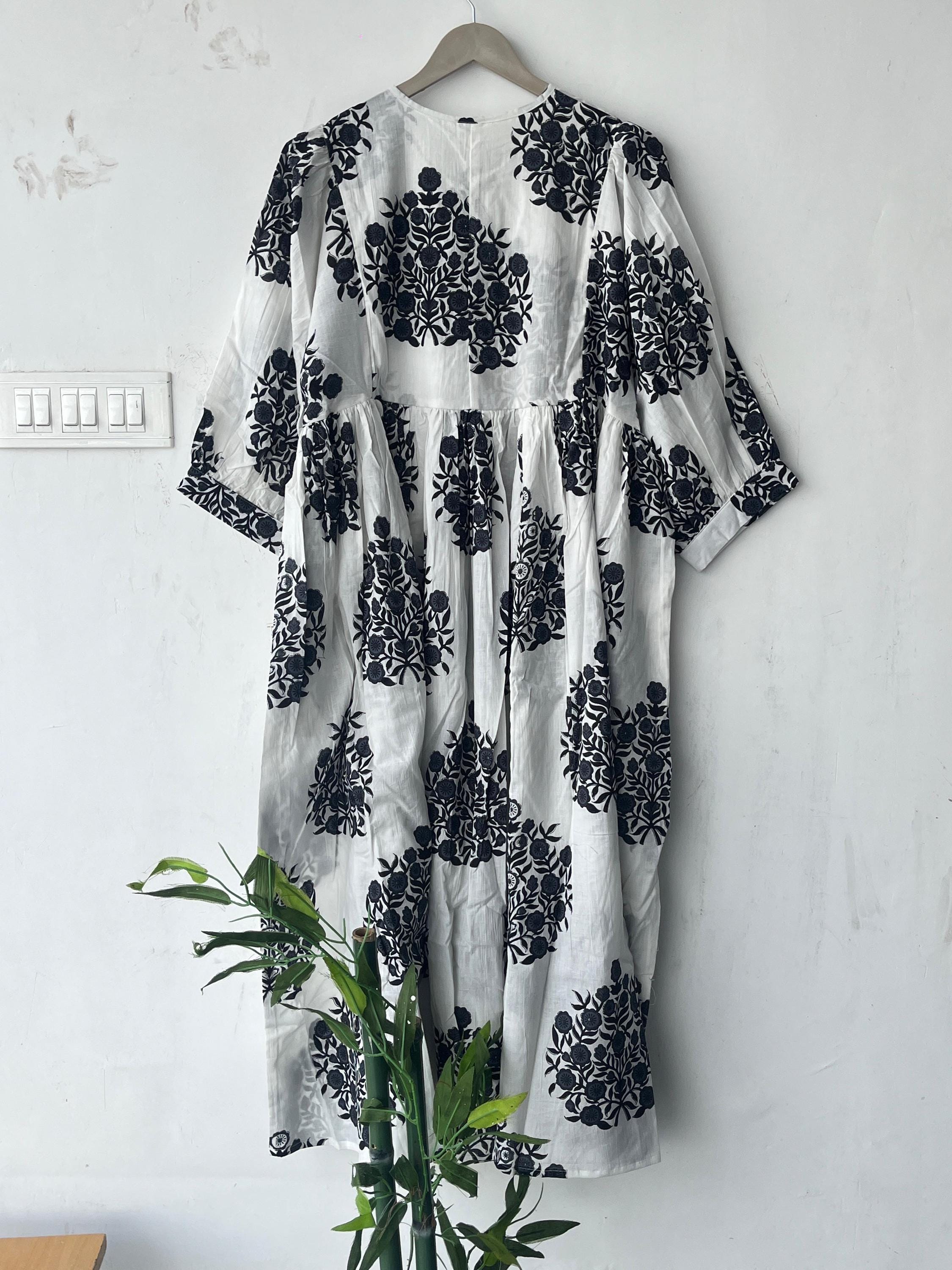 Hand Block Printed Cotton Gauze Dress: Bohemian Tunic Gown