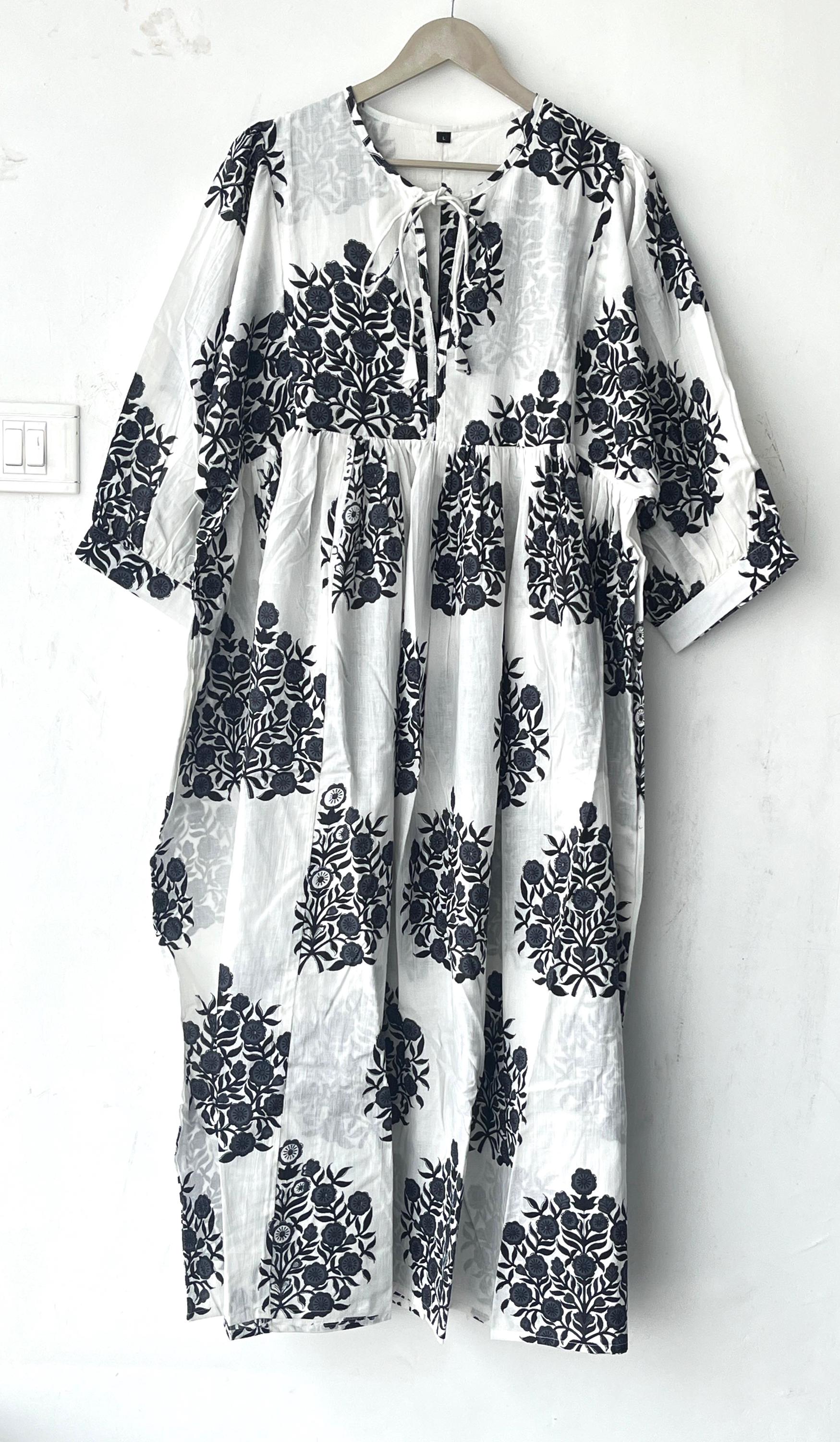 Hand Block Printed Cotton Gauze Dress: Bohemian Tunic Gown