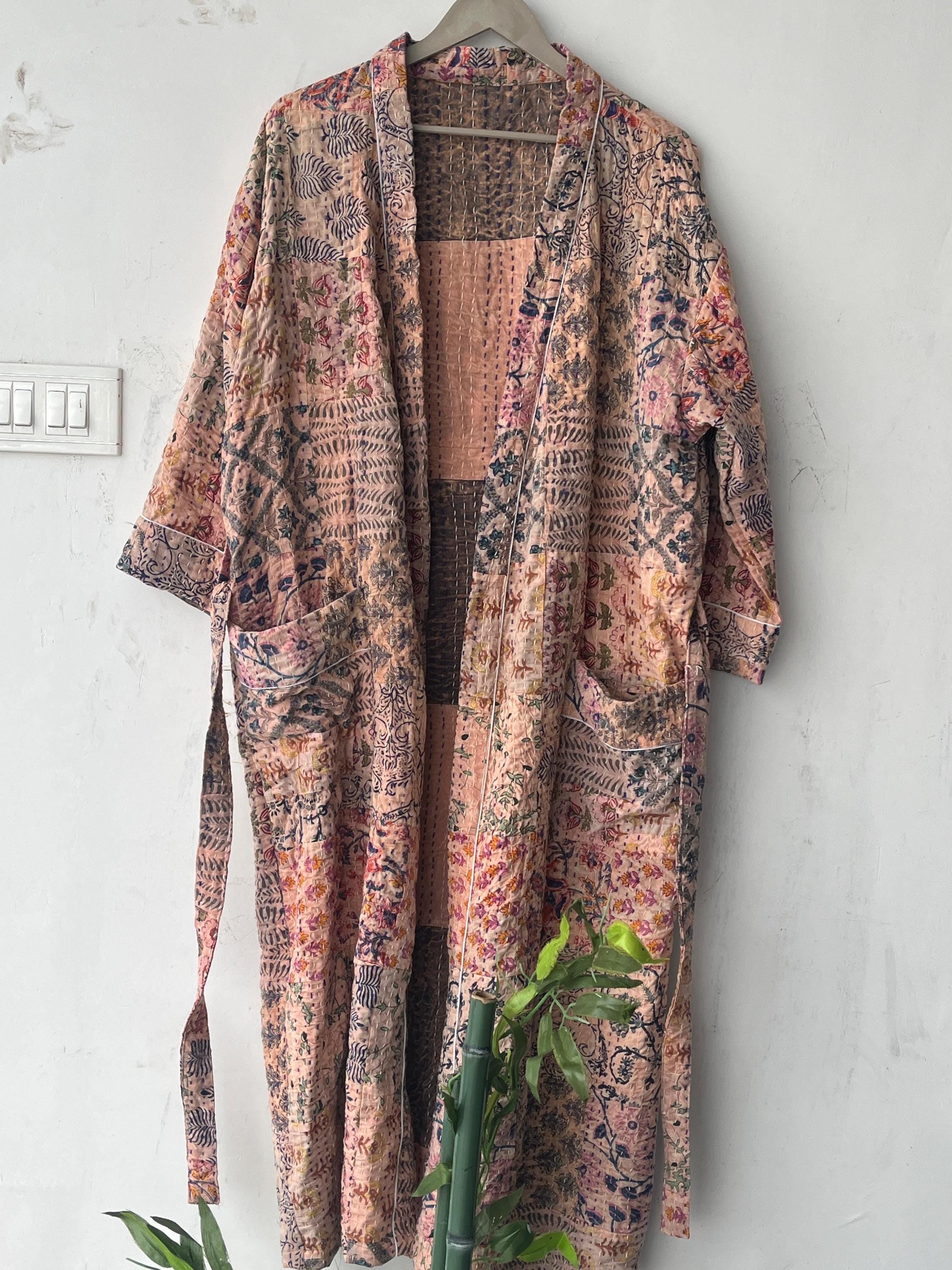 Handcrafted Kantha Kimono Robe: Bohemian Patchwork Cotton Jacket