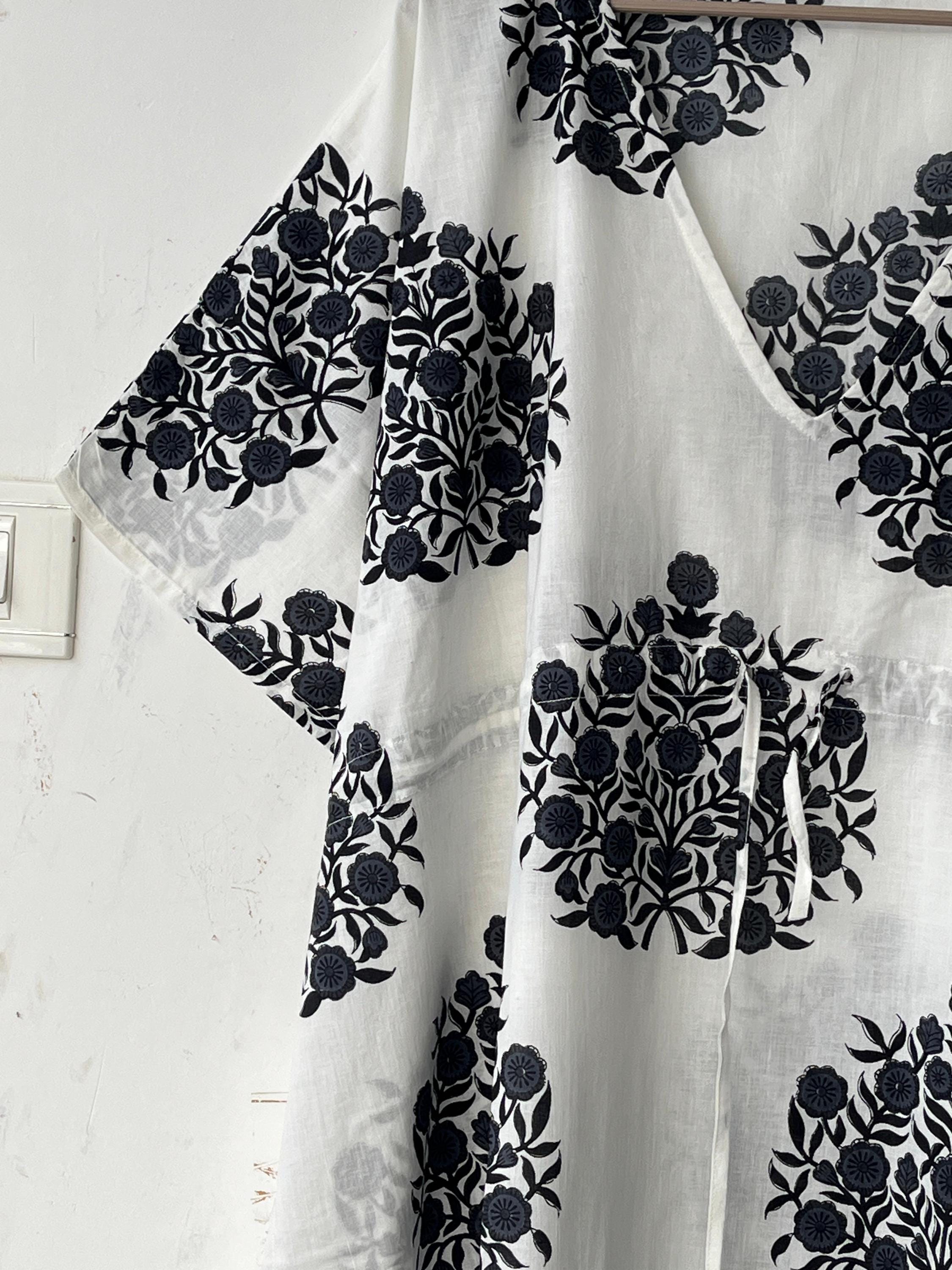 Floral Print Cotton Kaftan Dress: Indian Block Print Beach Cover-Up