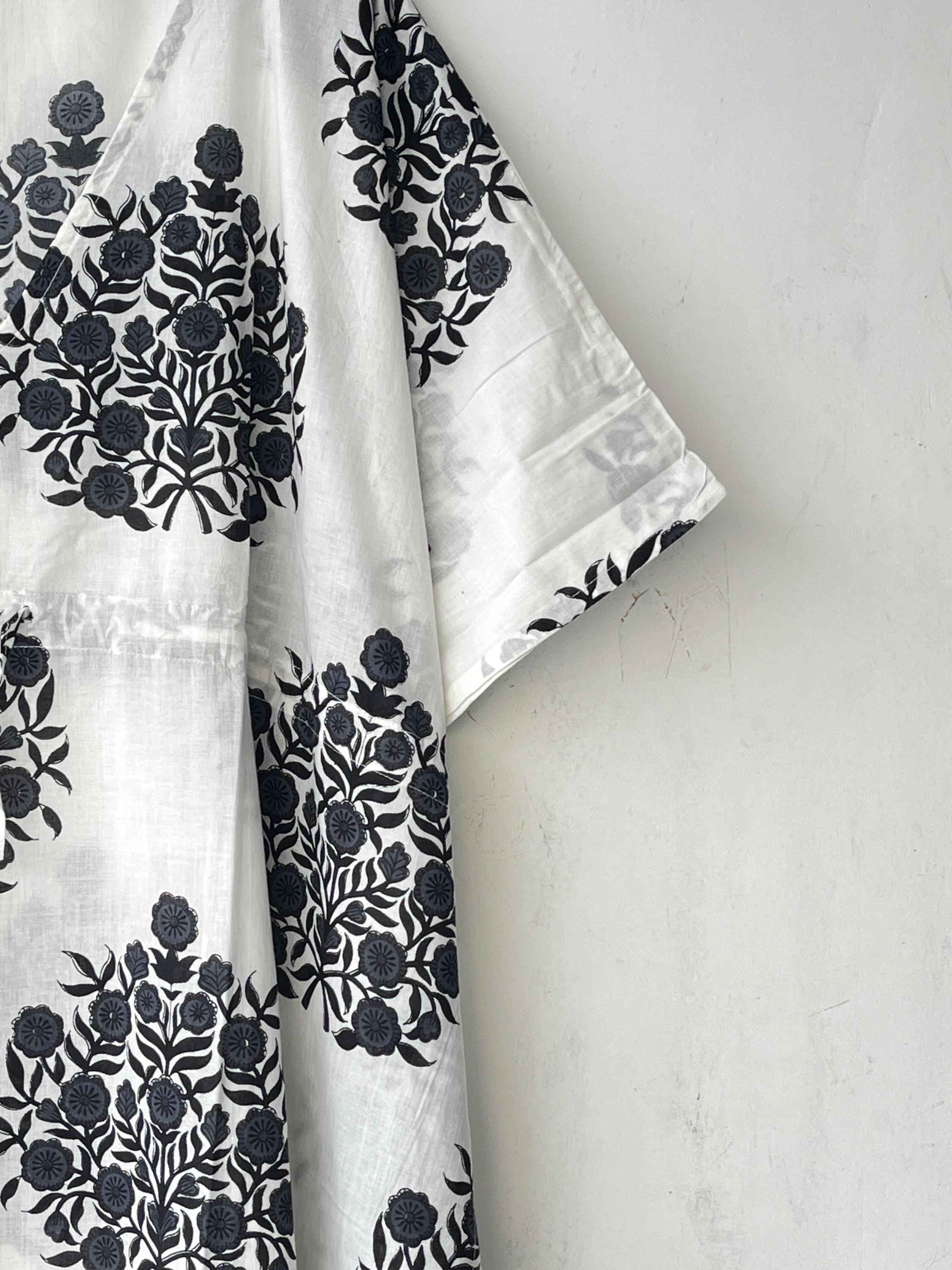 Floral Print Cotton Kaftan Dress: Indian Block Print Beach Cover-Up
