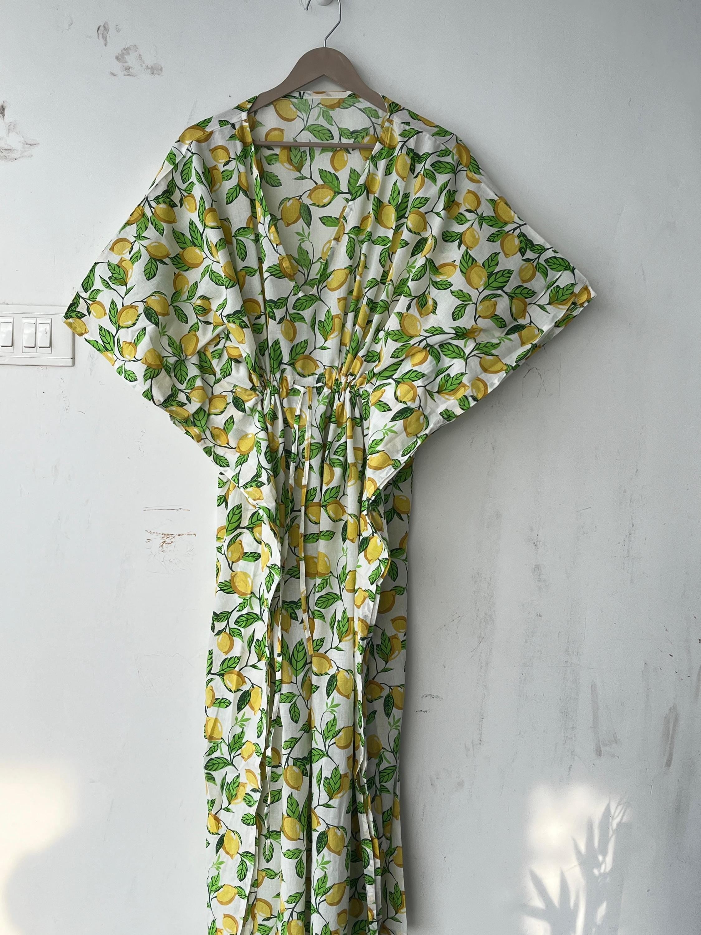 Floral Print Cotton Kaftan Dress: Hand Block Indian Beach Cover-Up