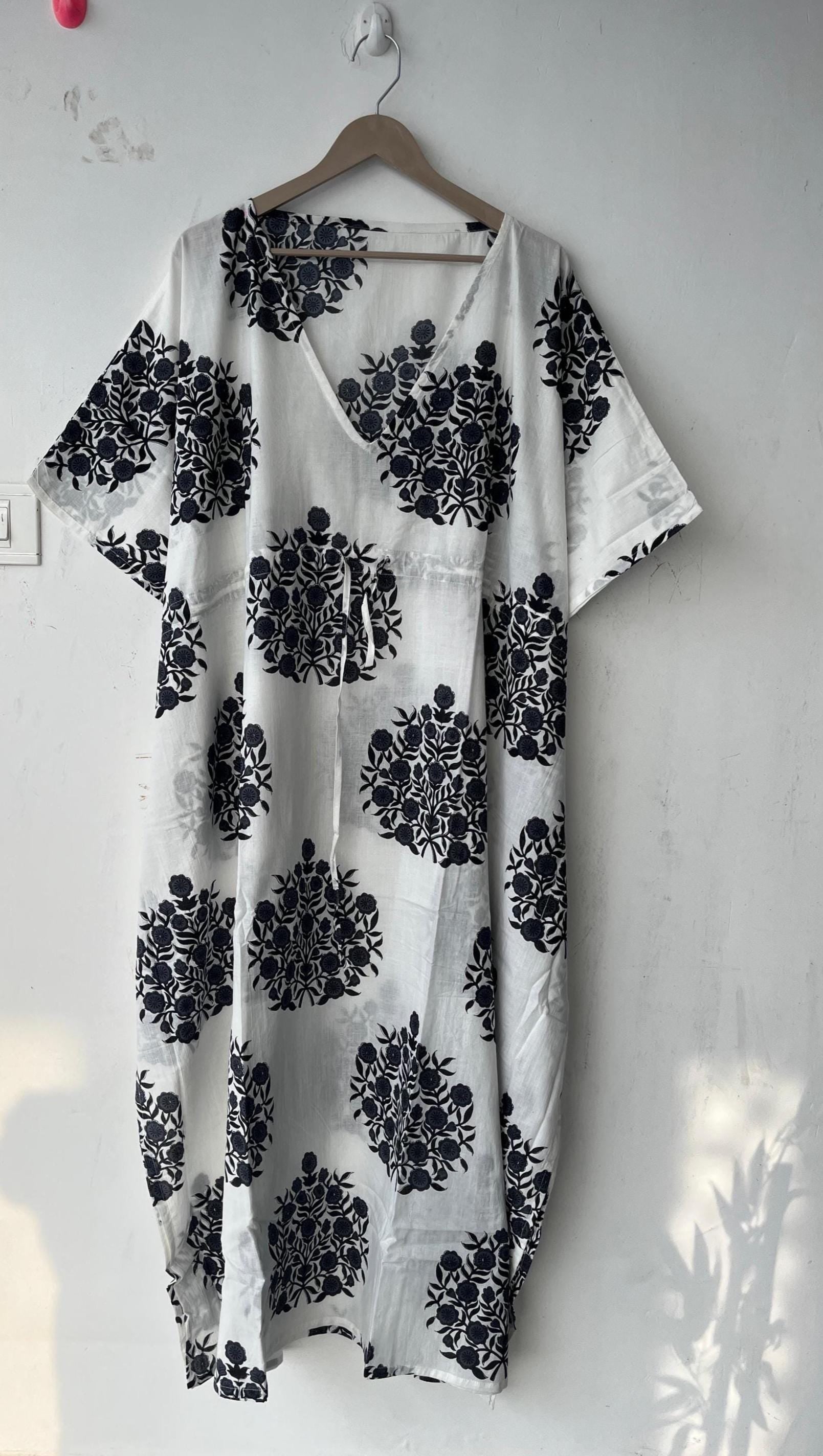 Floral Print Cotton Kaftan Dress: Indian Block Print Beach Cover-Up