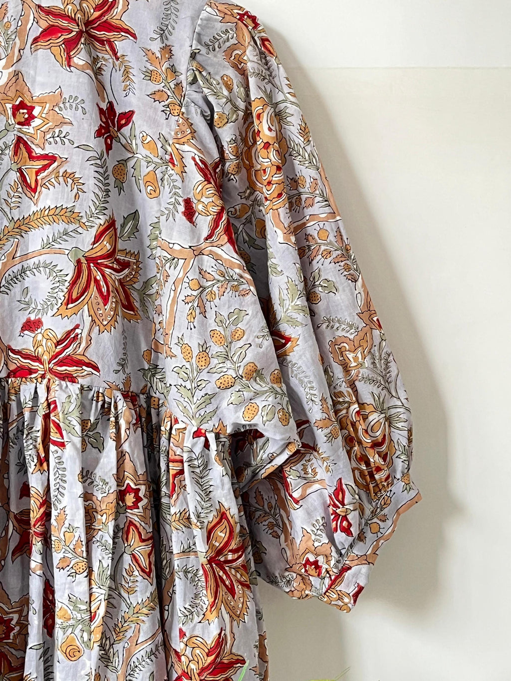 Floral Hand Block Print Cotton Midi Dress - Deep Neck Summer Dress