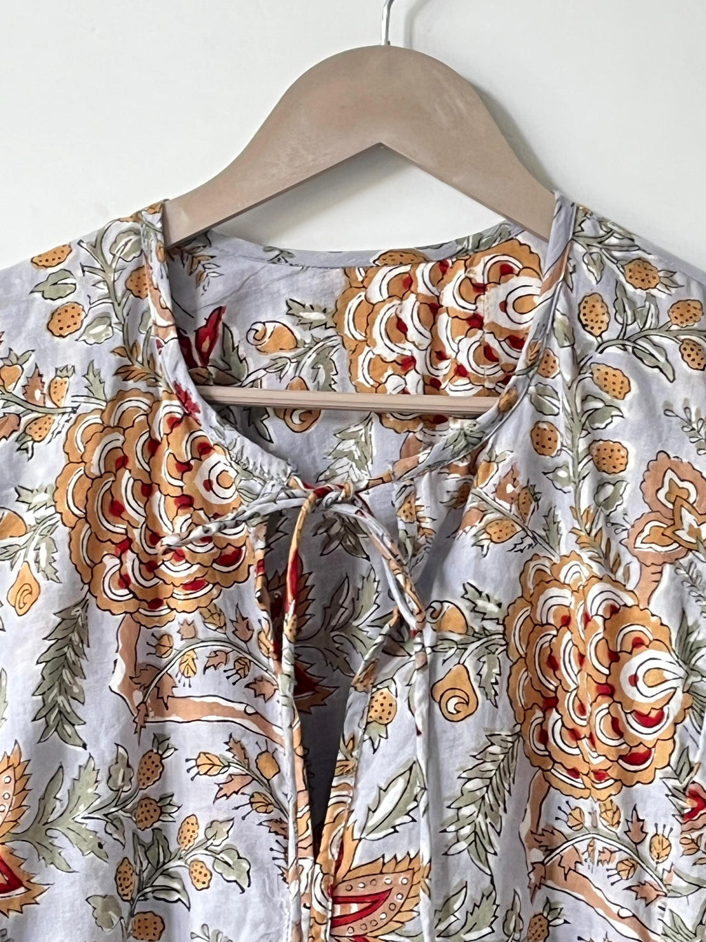 Floral Hand Block Print Cotton Midi Dress - Deep Neck Summer Dress