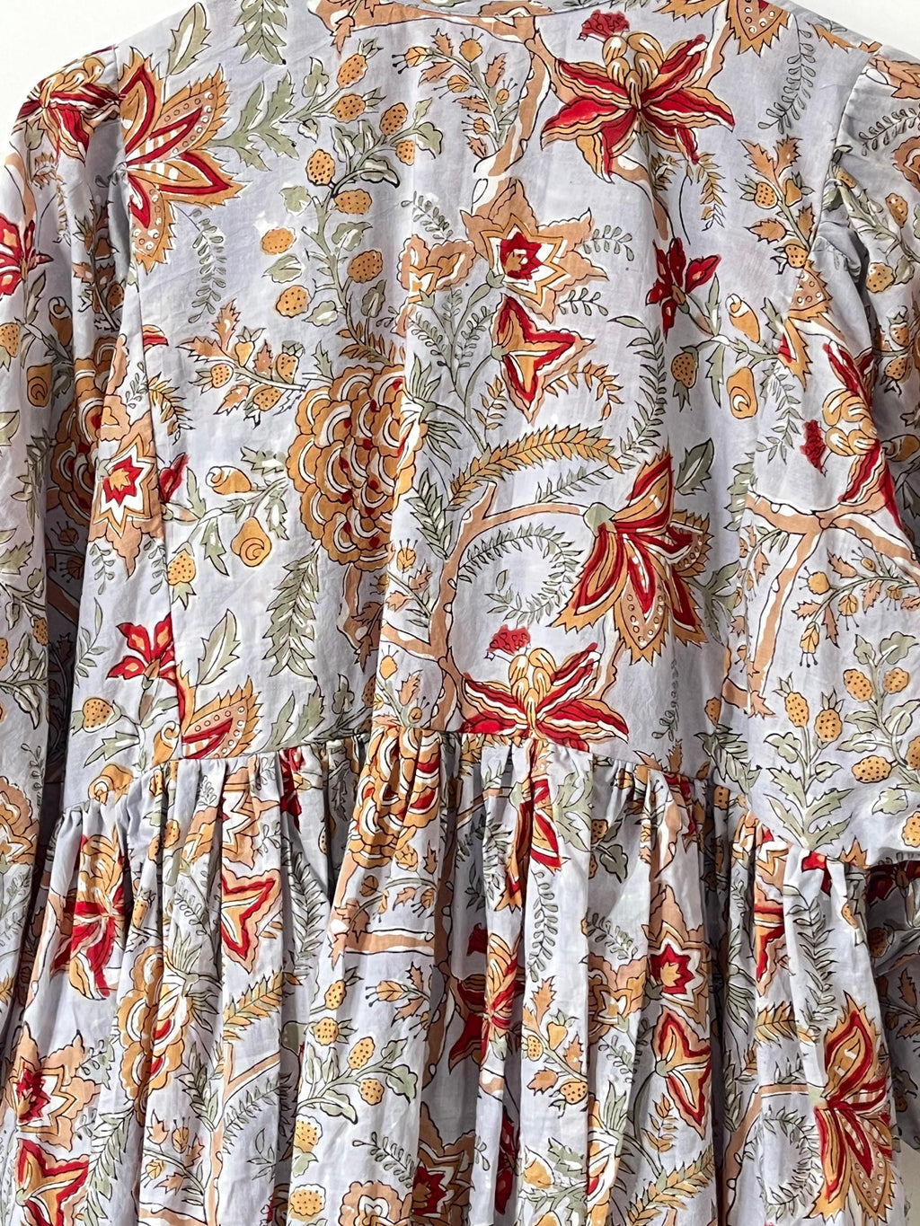 Floral Hand Block Print Cotton Midi Dress - Deep Neck Summer Dress