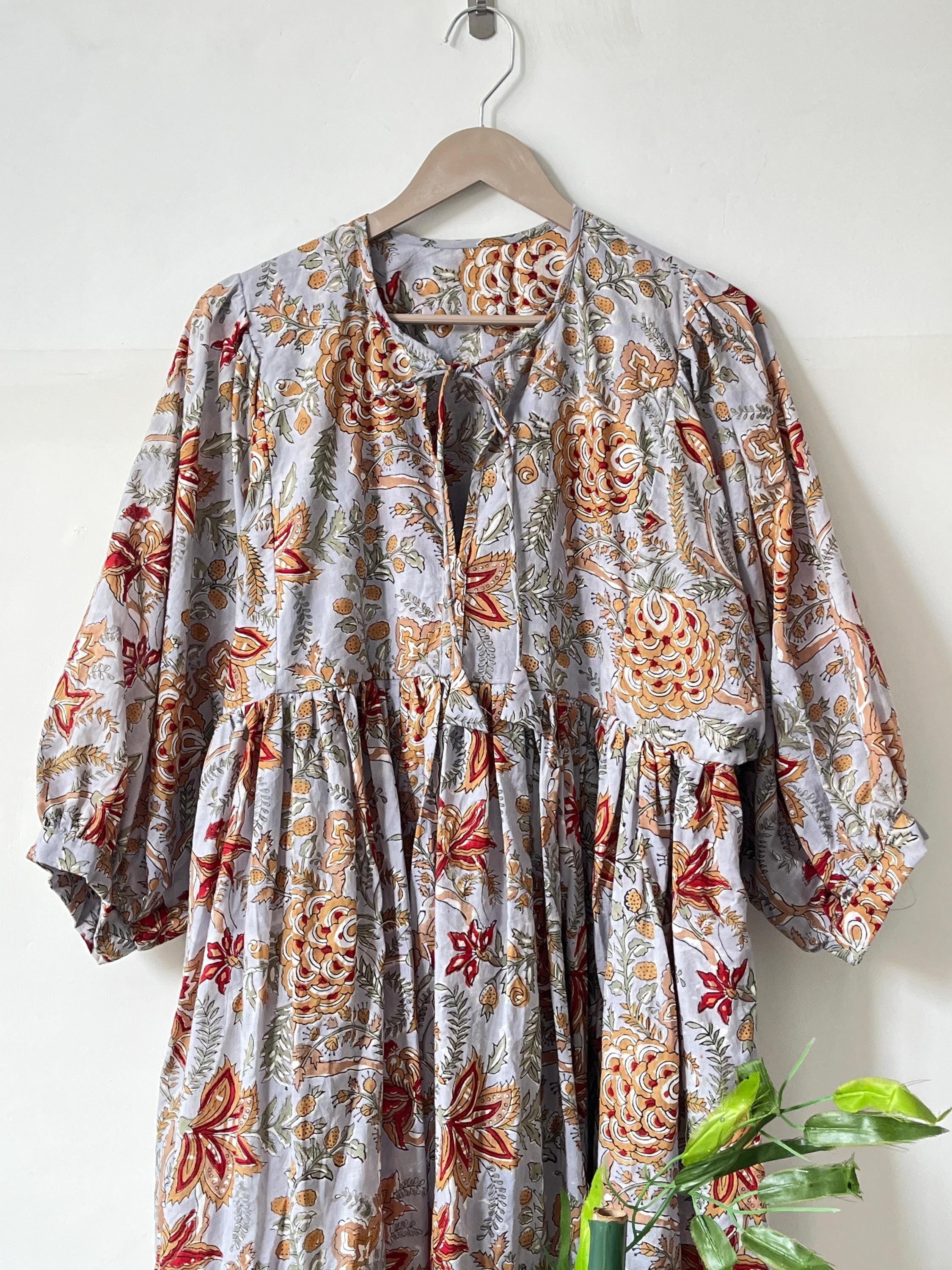 Floral Hand Block Print Cotton Midi Dress - Deep Neck Summer Dress