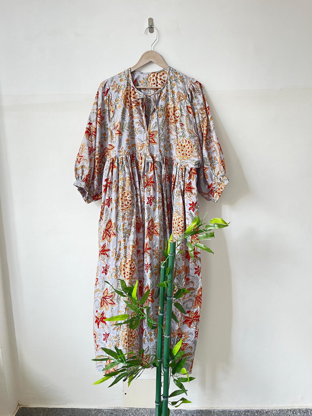 Floral Hand Block Print Cotton Midi Dress - Deep Neck Summer Dress