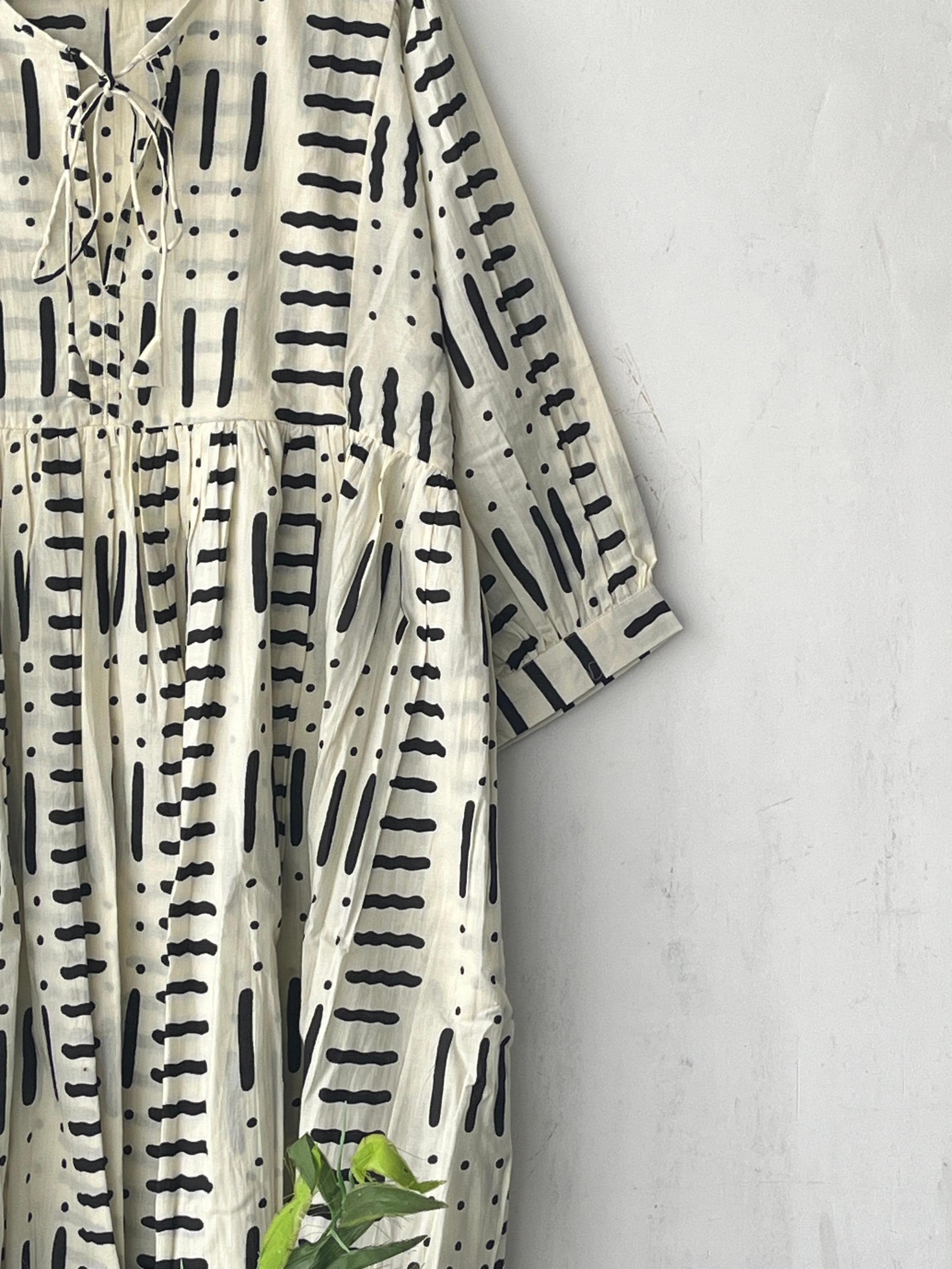 Hand Block Print Cotton Midi Dress: Deep Neck Summer Dress