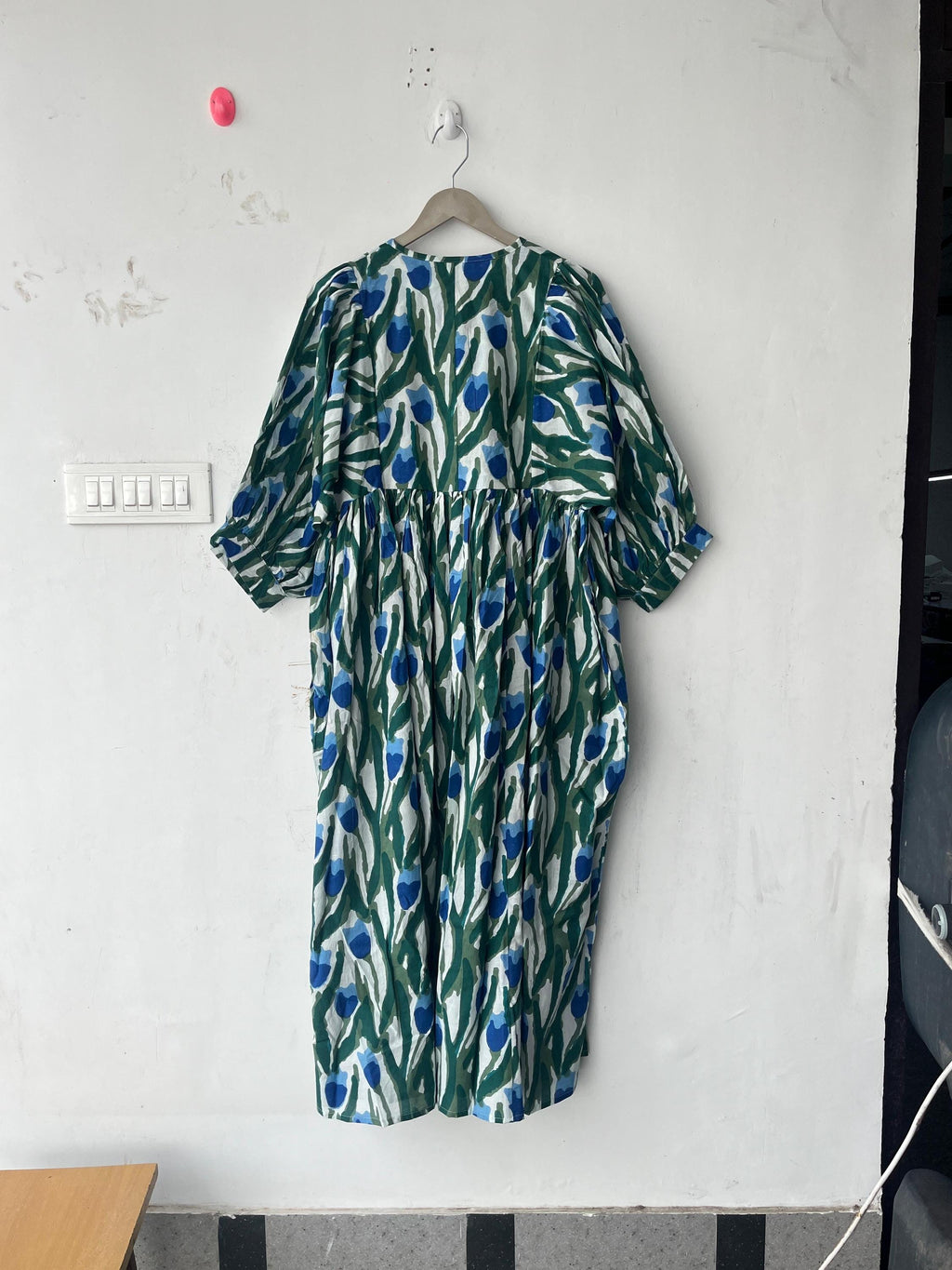 Floral Hand Block Print Cotton Midi Dress - Deep Neck Summer Dress