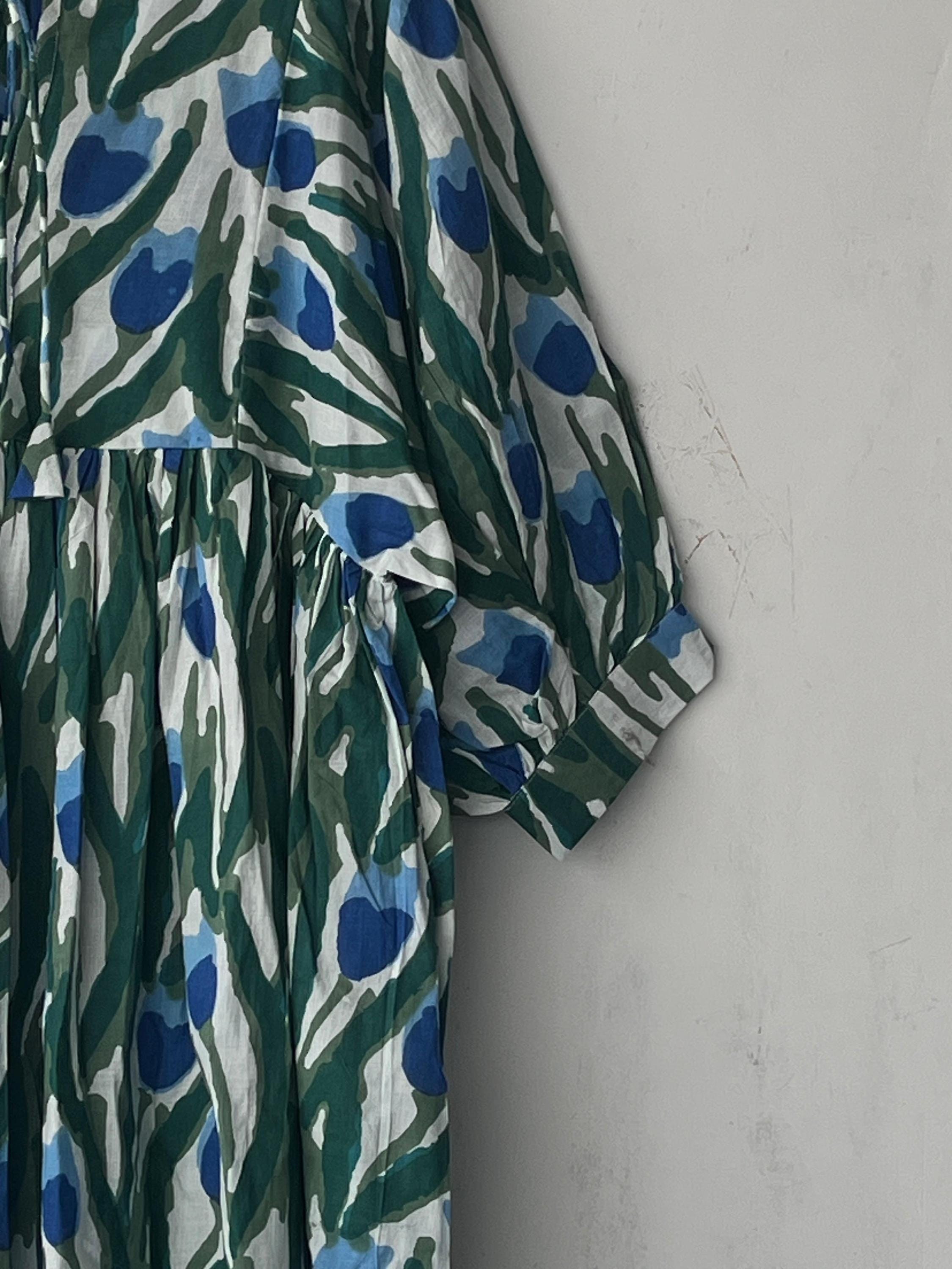 Floral Hand Block Print Cotton Midi Dress - Deep Neck Summer Dress