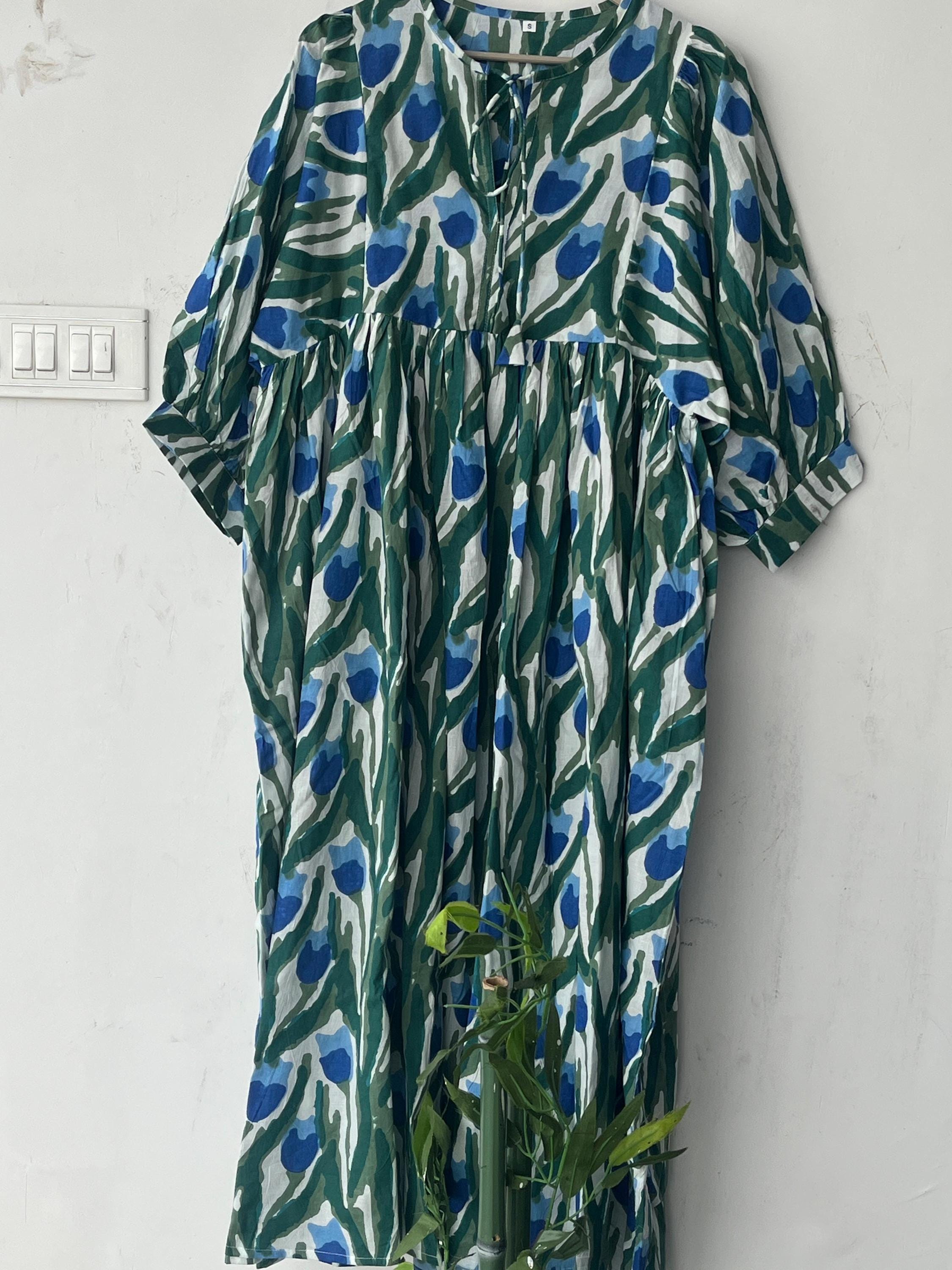 Floral Hand Block Print Cotton Midi Dress - Deep Neck Summer Dress