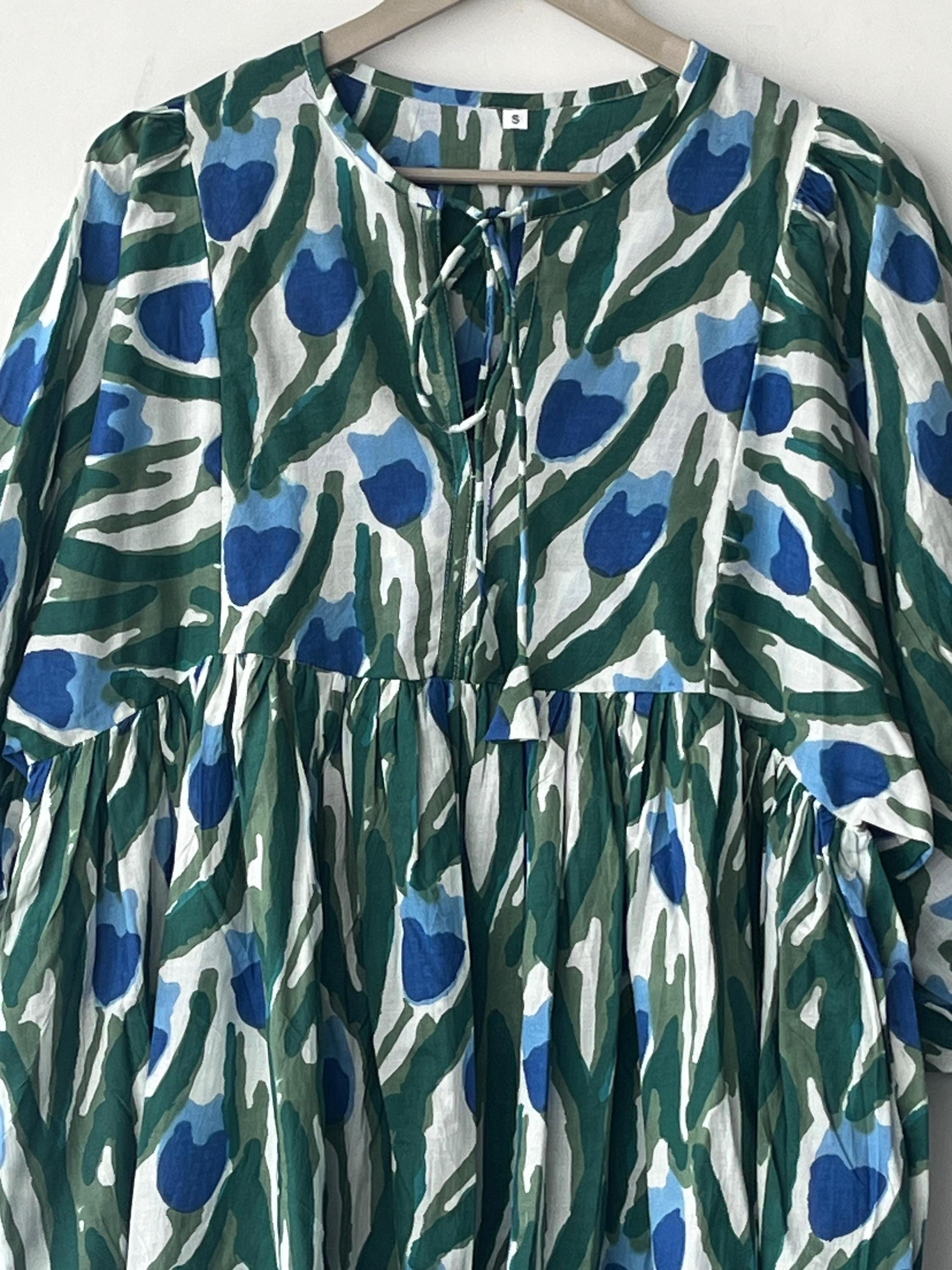 Floral Hand Block Print Cotton Midi Dress - Deep Neck Summer Dress