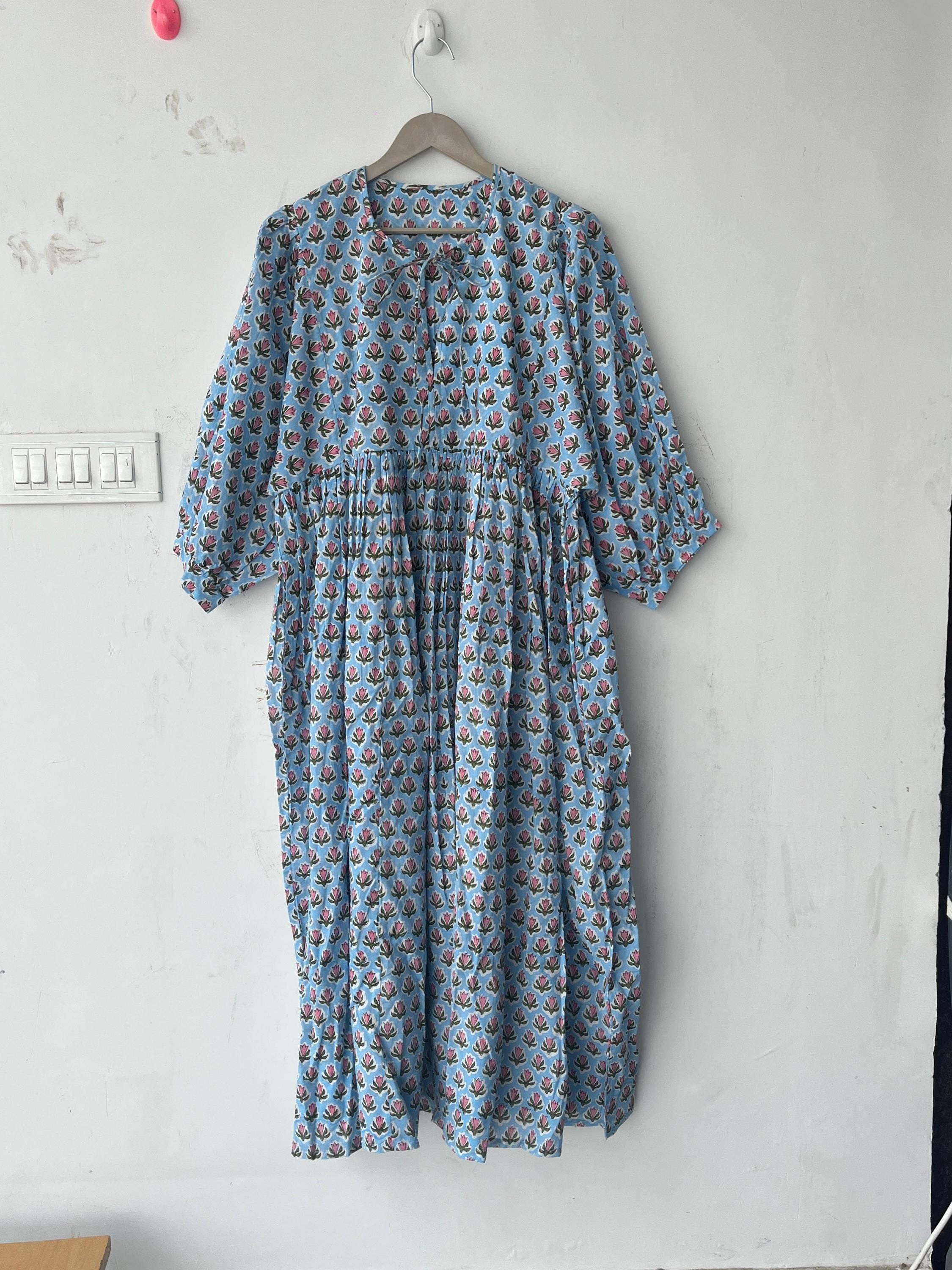 Floral Block Print Cotton Midi Dress: Ethically Handcrafted Summer Dress