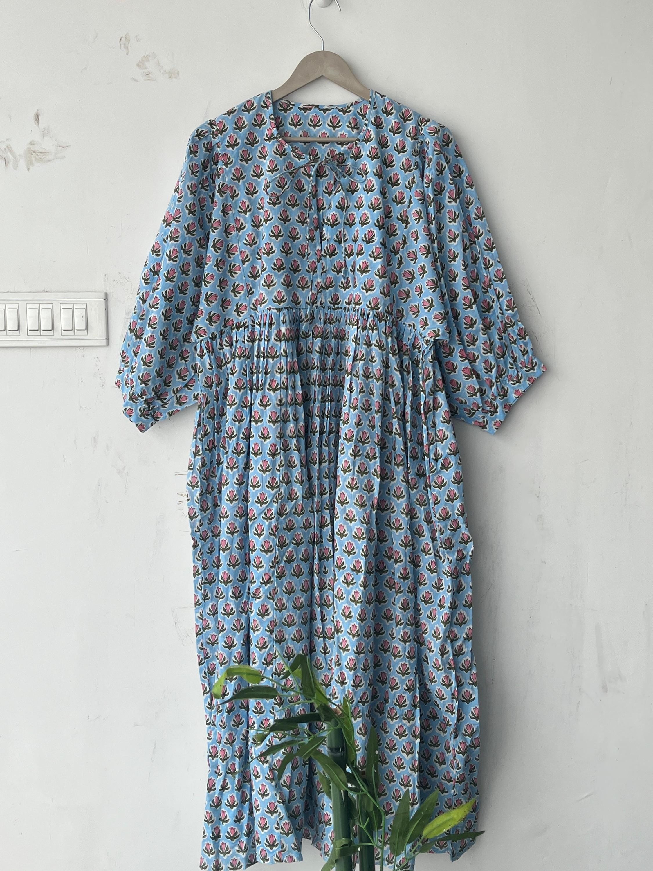 Floral Block Print Cotton Midi Dress: Ethically Handcrafted Summer Dress