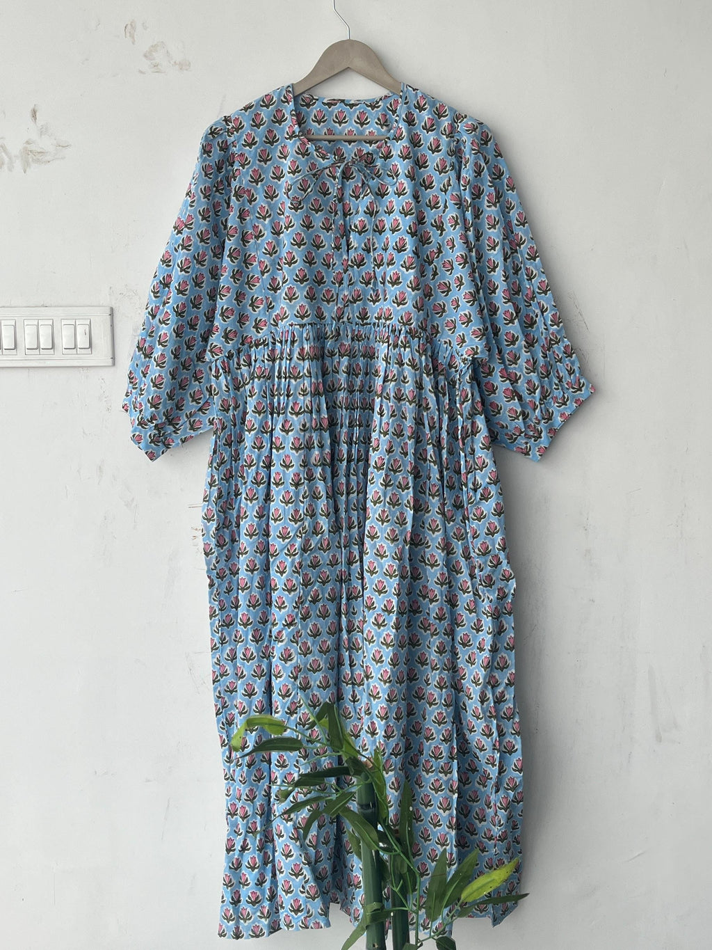 Floral Block Print Cotton Midi Dress: Ethically Handcrafted Summer Dress