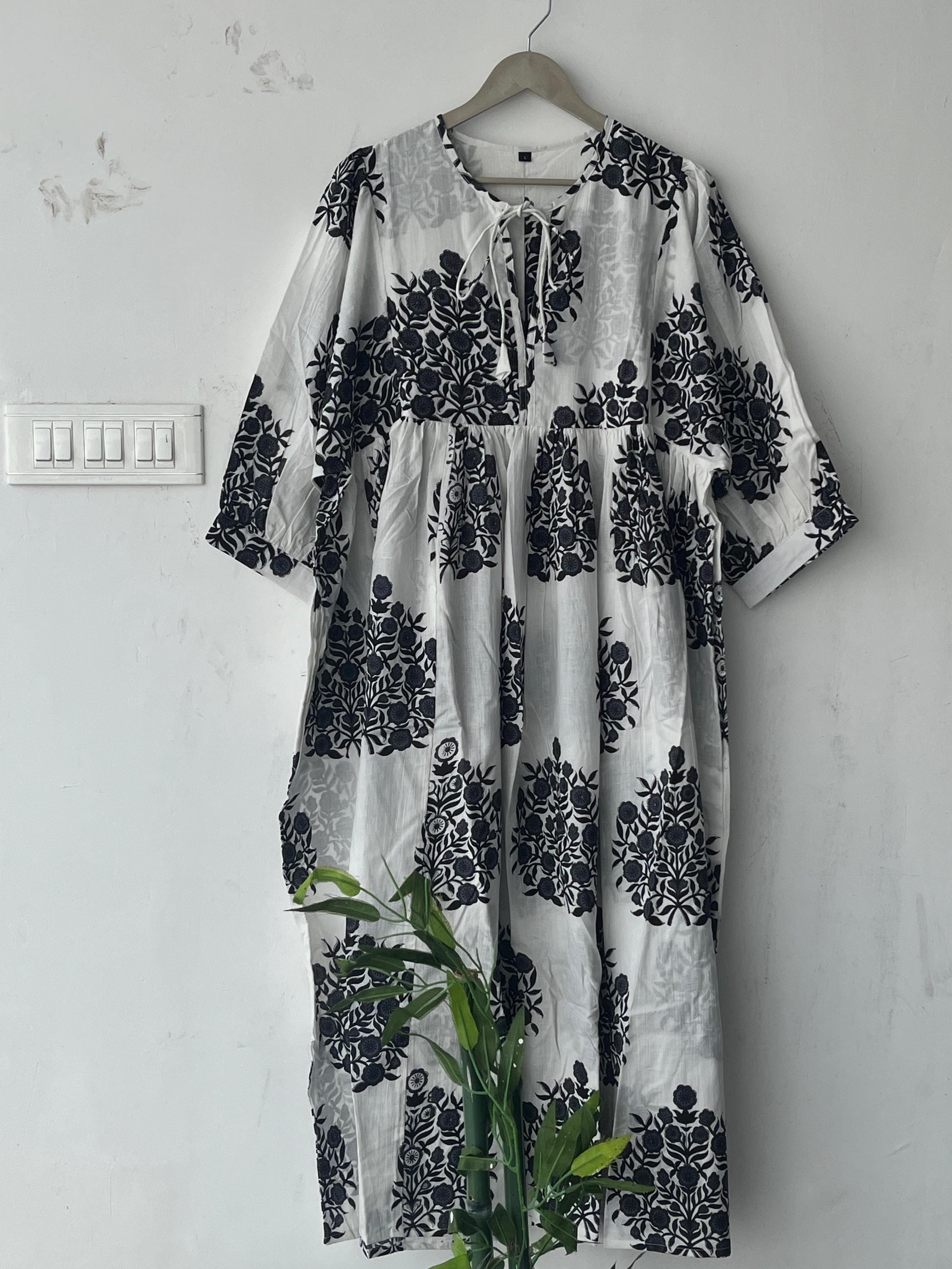 Hand Block Printed Cotton Gauze Dress: Bohemian Tunic Gown