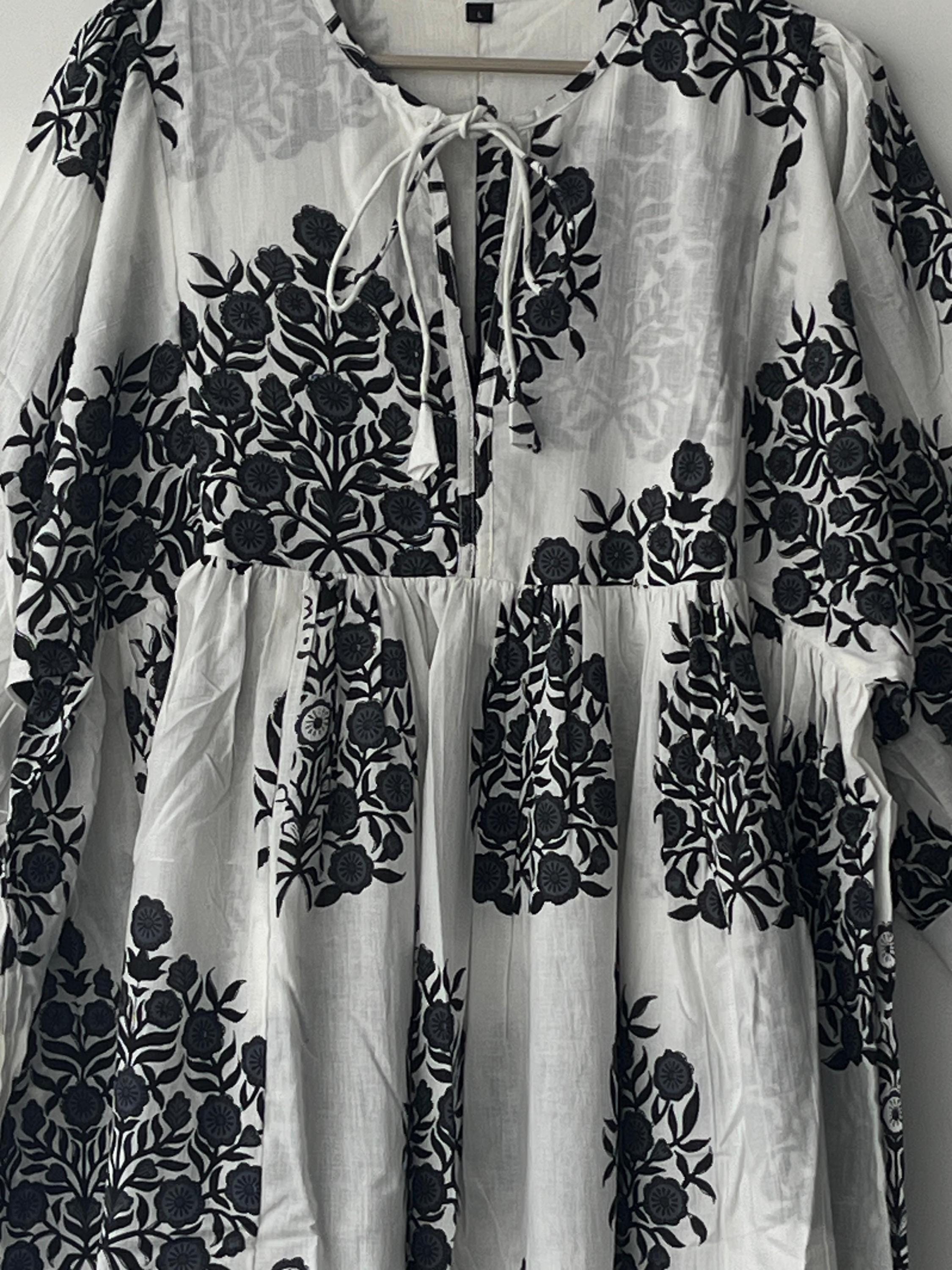 Hand Block Printed Cotton Gauze Dress: Bohemian Tunic Gown