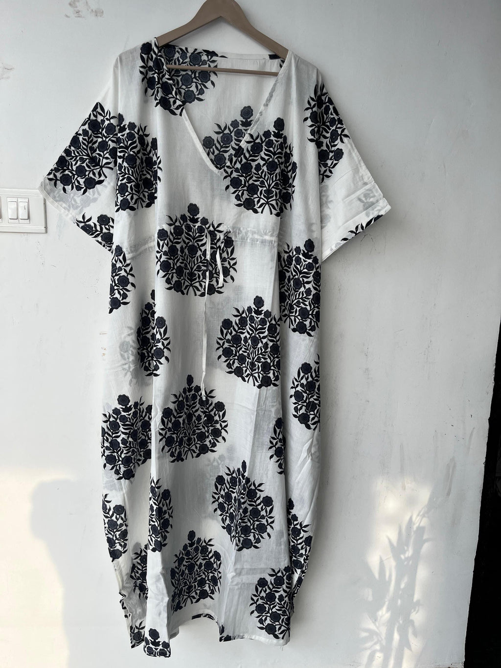 Floral Print Cotton Kaftan Dress: Indian Block Print Beach Cover-Up