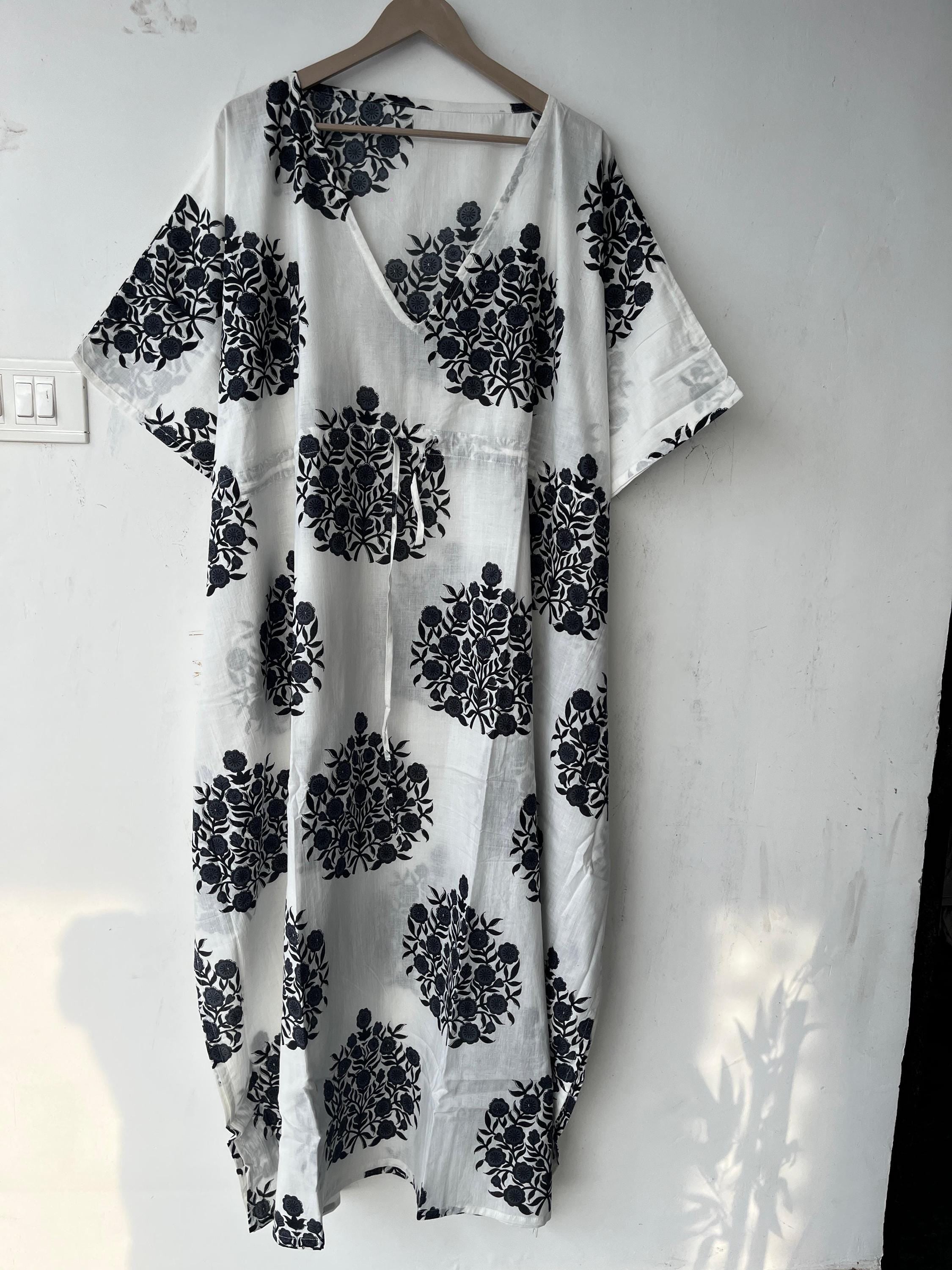 Floral Print Cotton Kaftan Dress: Indian Block Print Beach Cover-Up