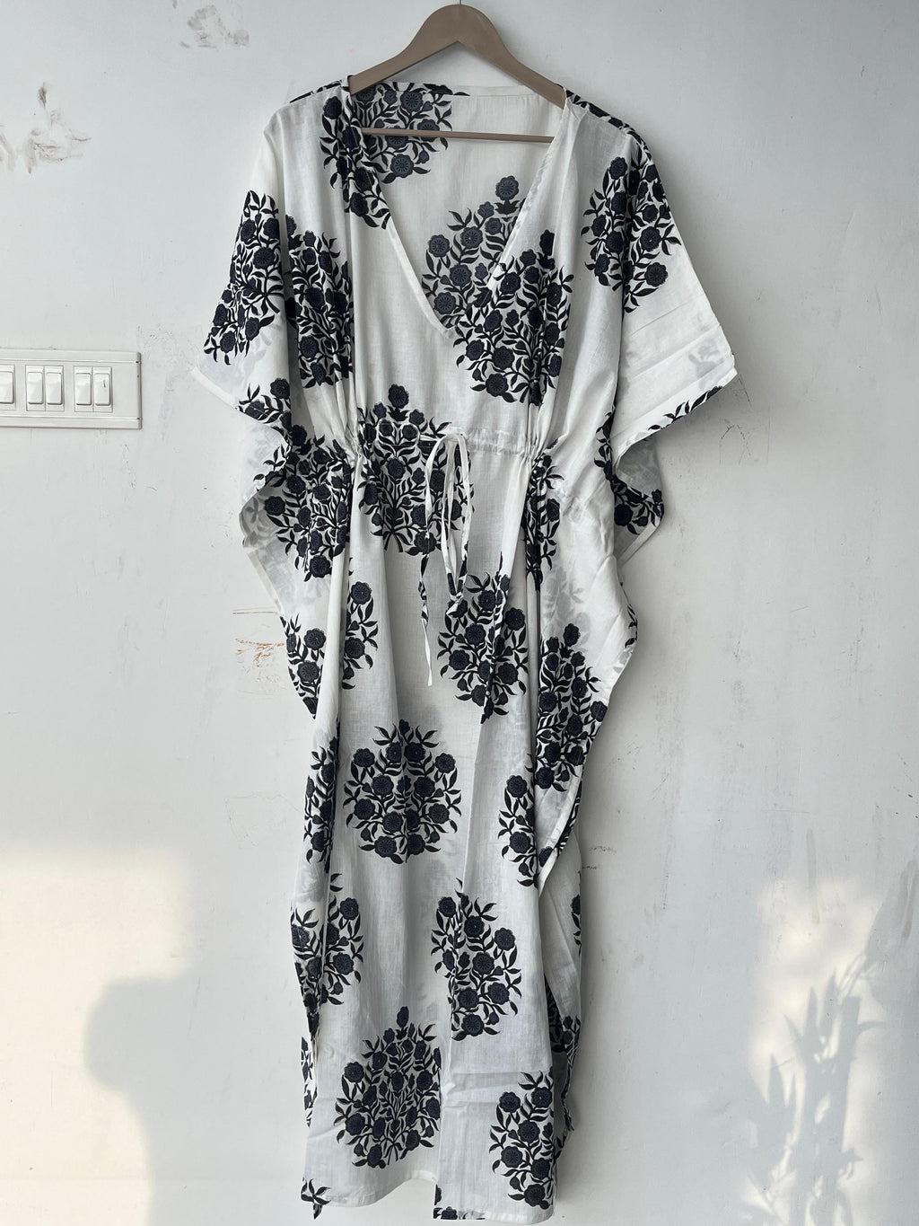 Floral Print Cotton Kaftan Dress: Indian Block Print Beach Cover-Up