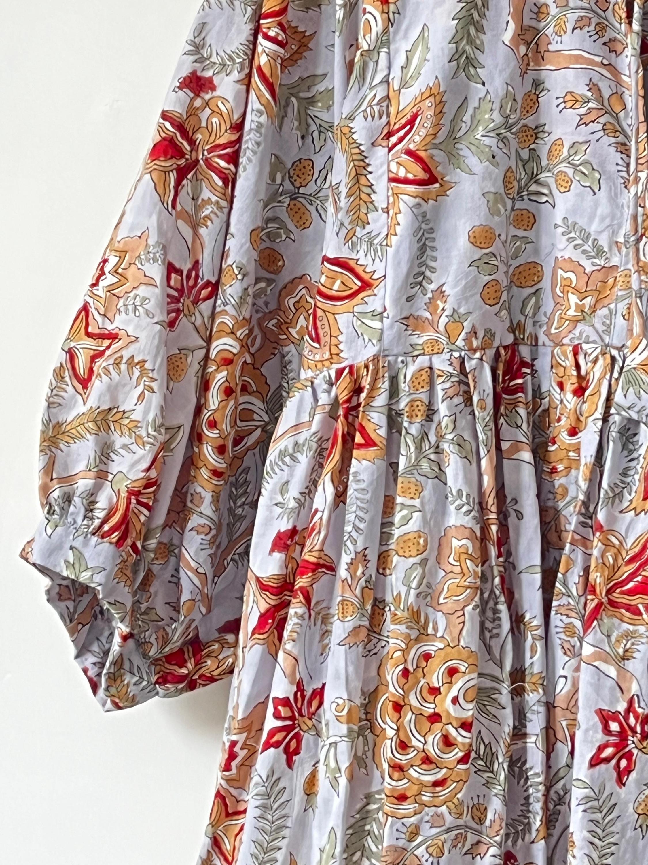 Floral Hand Block Print Cotton Midi Dress - Deep Neck Summer Dress