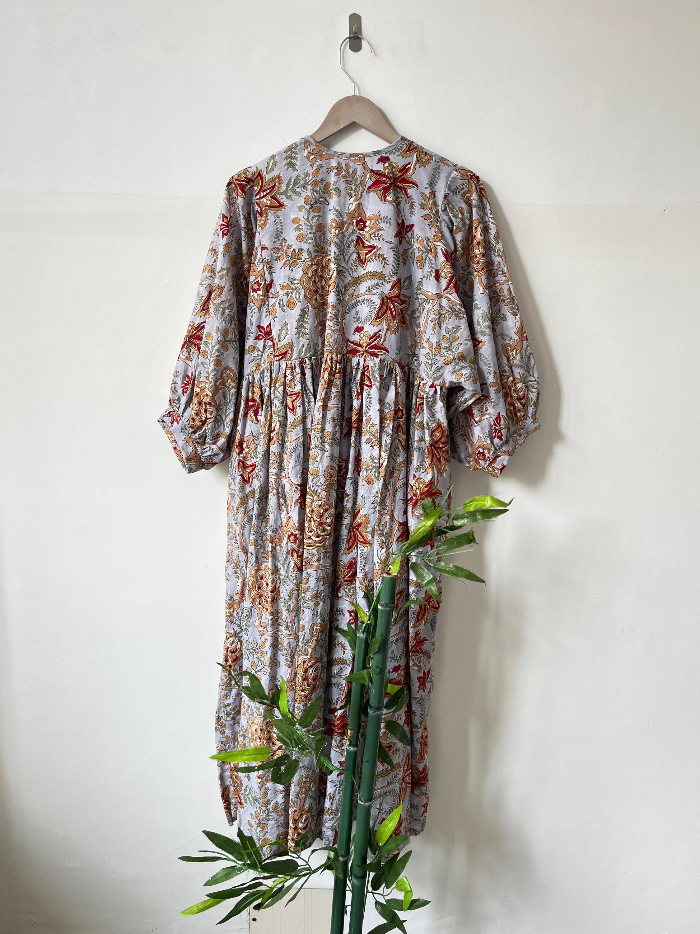 Floral Hand Block Print Cotton Midi Dress - Deep Neck Summer Dress