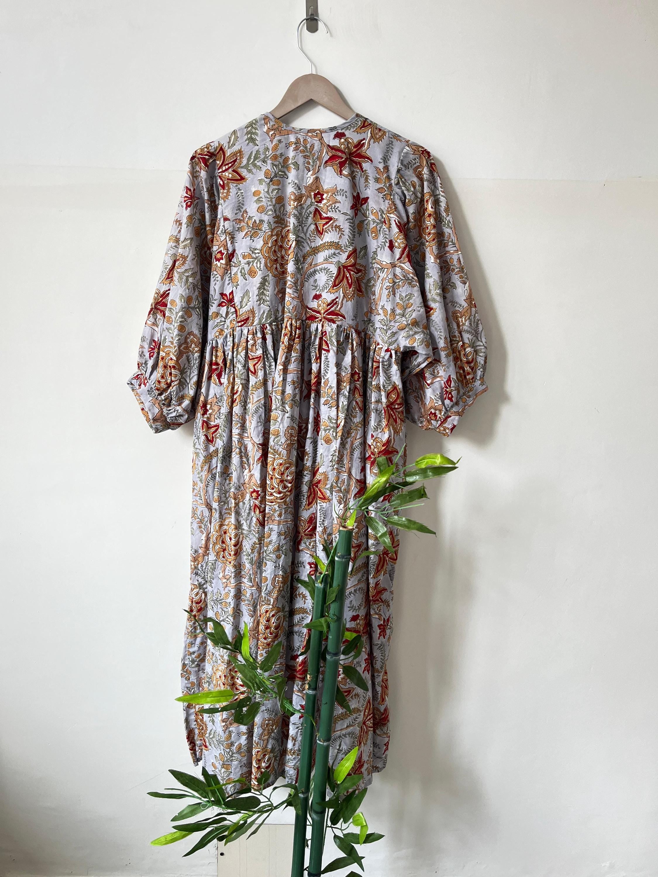 Floral Hand Block Print Cotton Midi Dress - Deep Neck Summer Dress