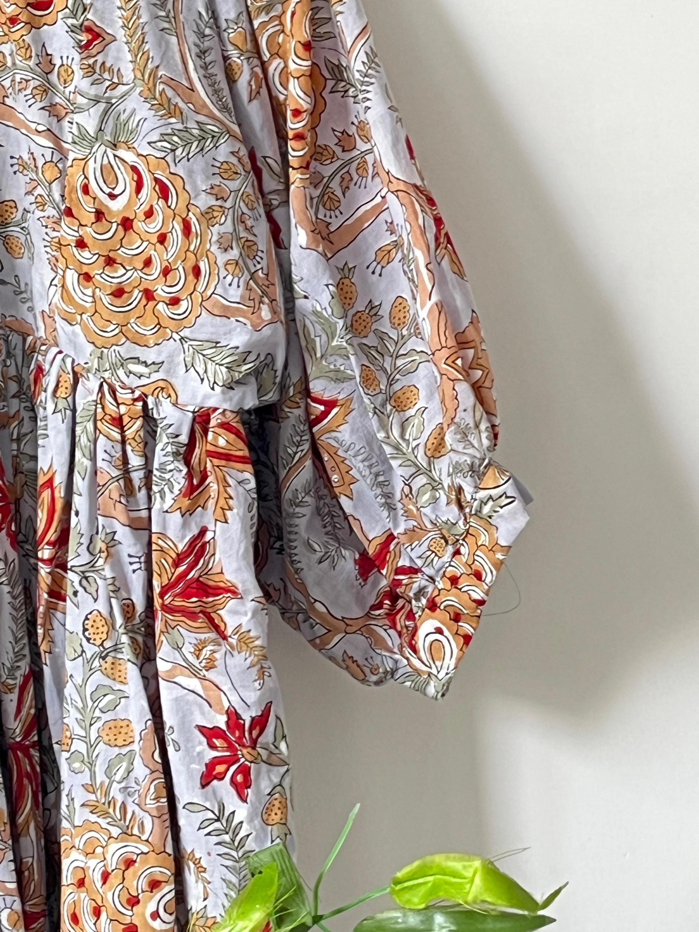 Floral Hand Block Print Cotton Midi Dress - Deep Neck Summer Dress