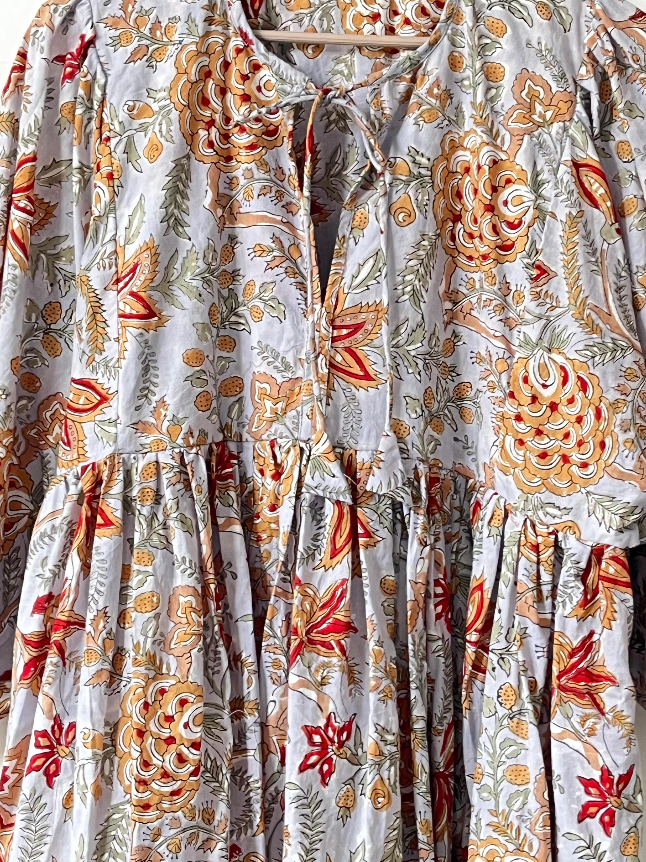 Floral Hand Block Print Cotton Midi Dress - Deep Neck Summer Dress