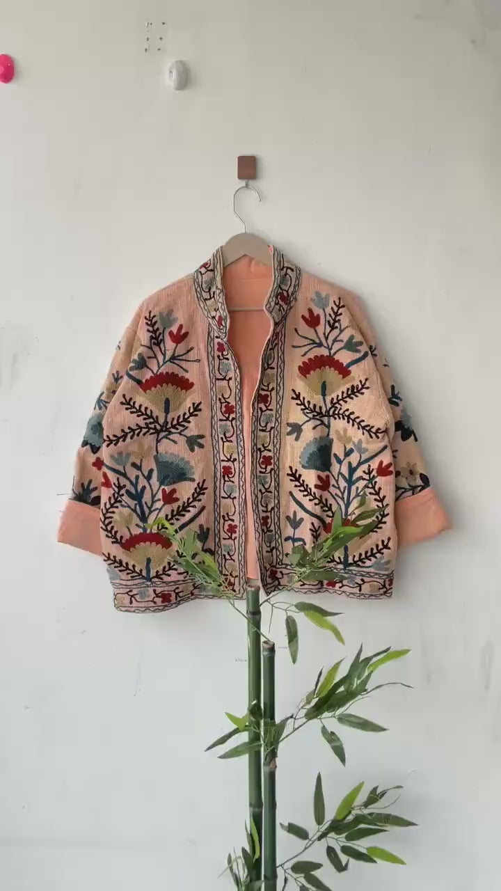 Handmade Suzani Embroidery Jacket: Boho Quilted Cotton Coat