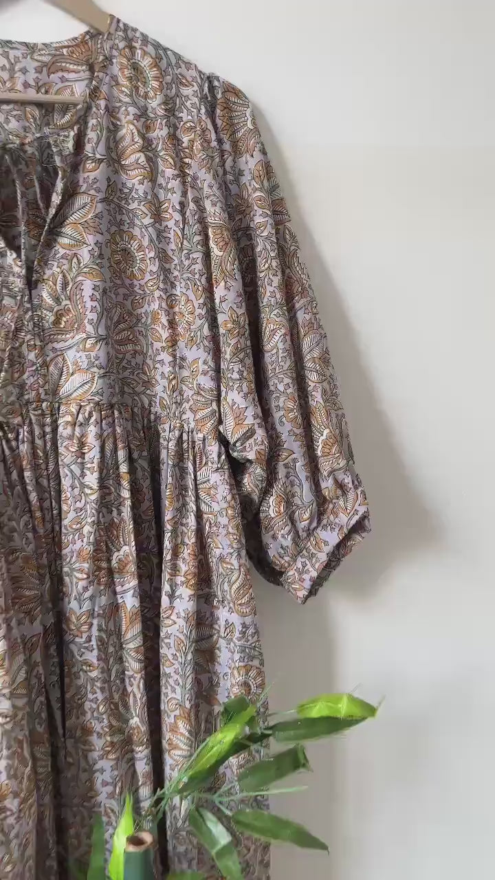 Handblock Printed Cotton Maxi Dress: Rust Floral Boho Balloon Sleeve