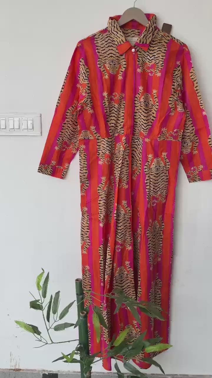 Hand Block Printed Cotton Dress: Indian Tiger Print Long Gown